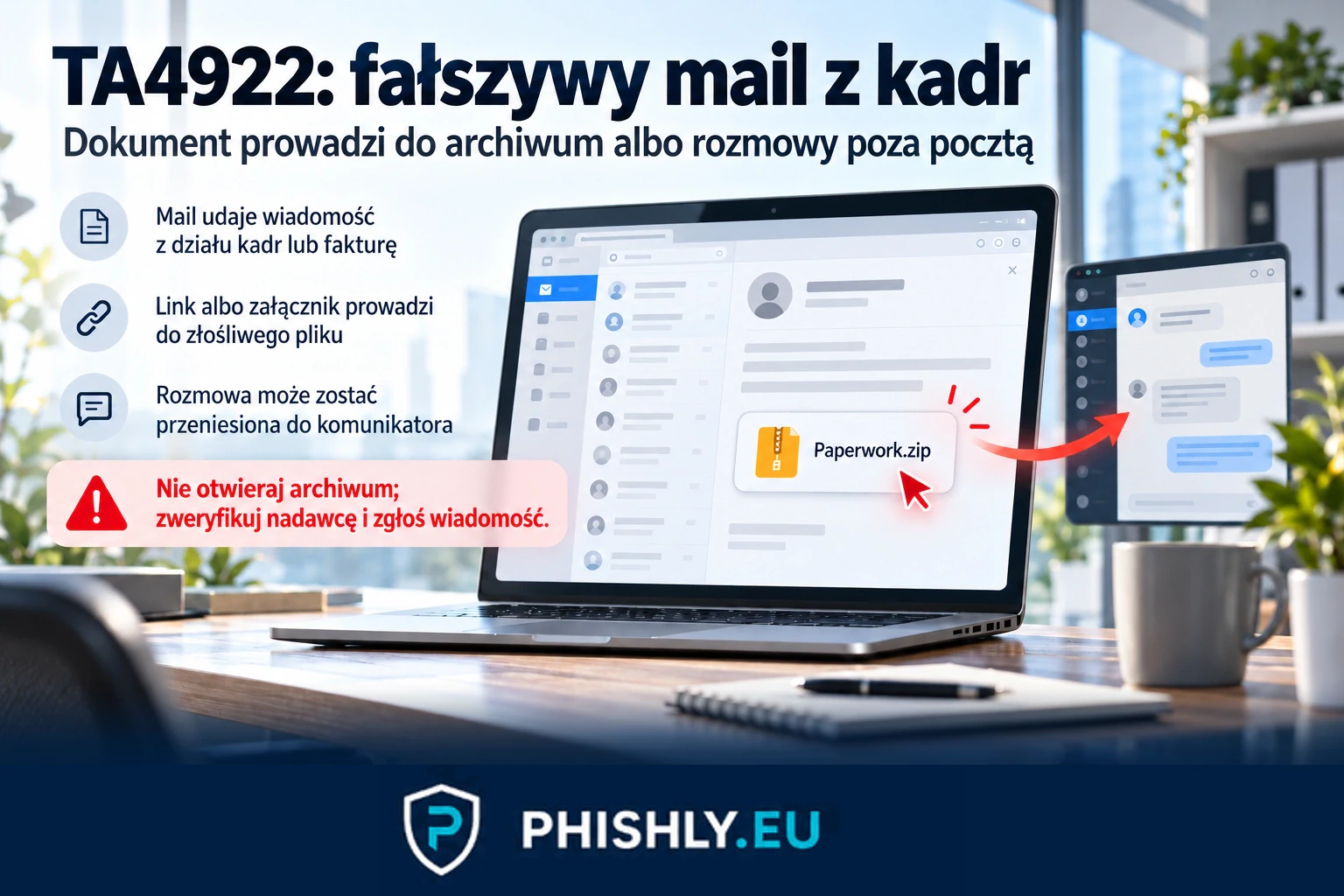 Fałszywa wiadomość z działu kadr prowadzi do pozornego dokumentu w archiwum; sygnałem ostrzegawczym jest prośba o otwarcie pliku lub przeniesienie rozmowy do komunikatora