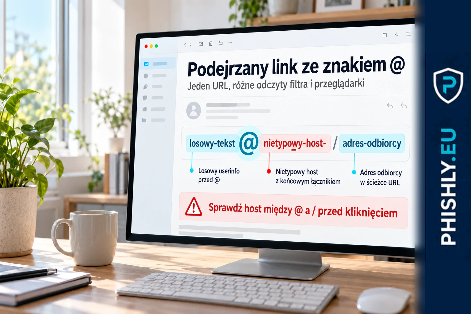 Podejrzany link phishingowy ze znakiem @ pokazany jako adres, który filtr i przeglądarka mogą zinterpretować inaczej