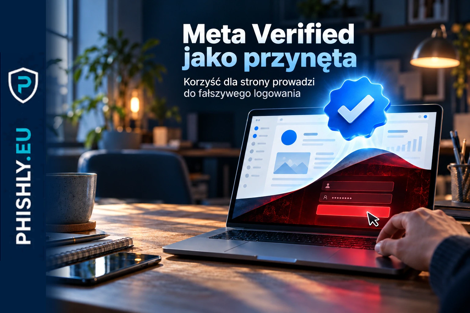 Fałszywa wiadomość o Meta Verified lub nowych funkcjach strony firmowej prowadząca do podstawionej strony logowania