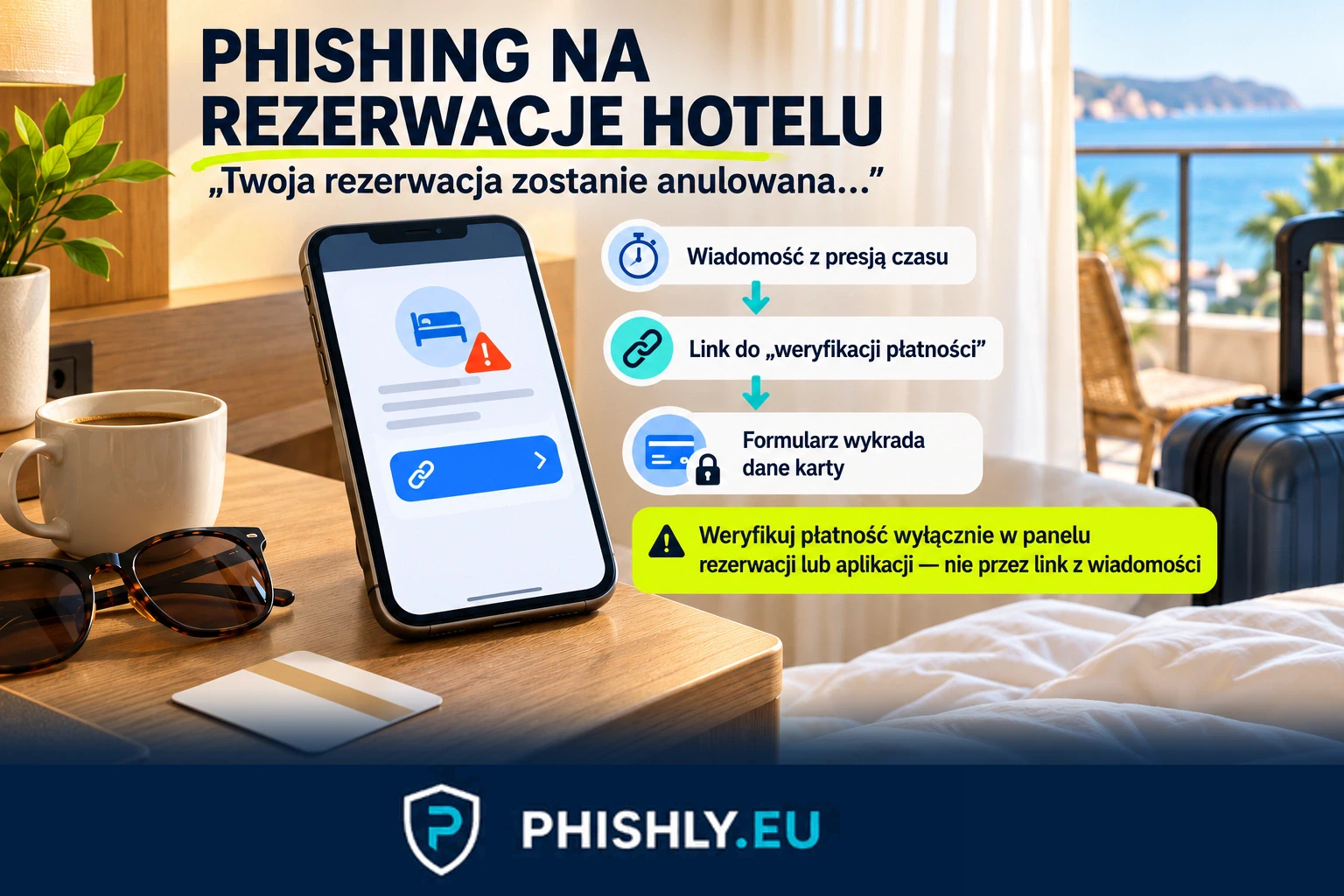 SMS zawiera prawdziwe dane rezerwacji, ale link prowadzi do obcej domeny proszącej o dane karty