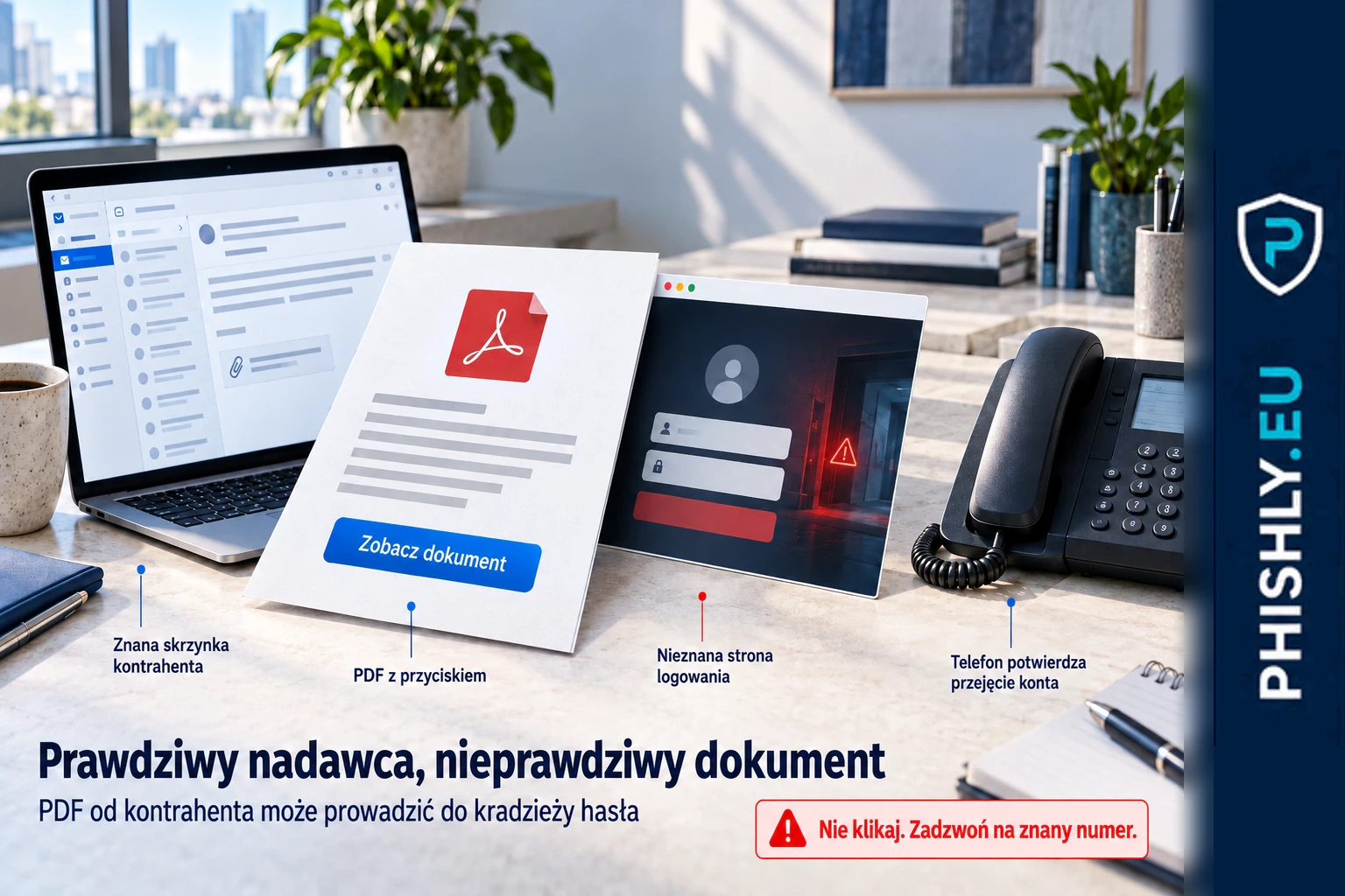 Wiadomość z prawdziwego konta kontrahenta i dołączony PDF z przyciskiem prowadzącym do obcej strony logowania; pracownik weryfikuje dokument telefonicznie