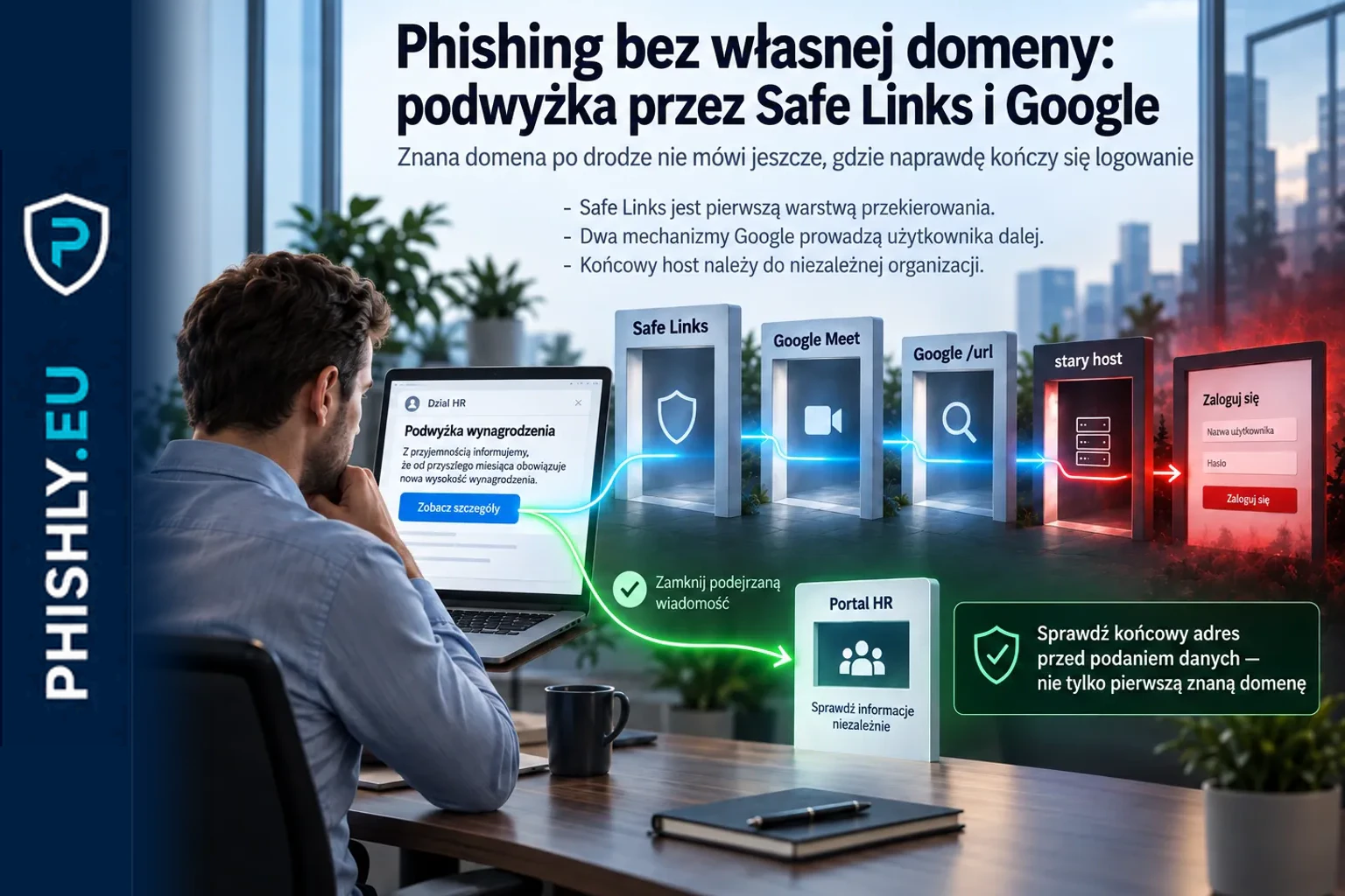 Pracownik otwiera wiadomość o podwyżce, której link prowadzi przez Safe Links i dwa przekierowania Google do nadużytego hosta bez domeny należącej do napastnika