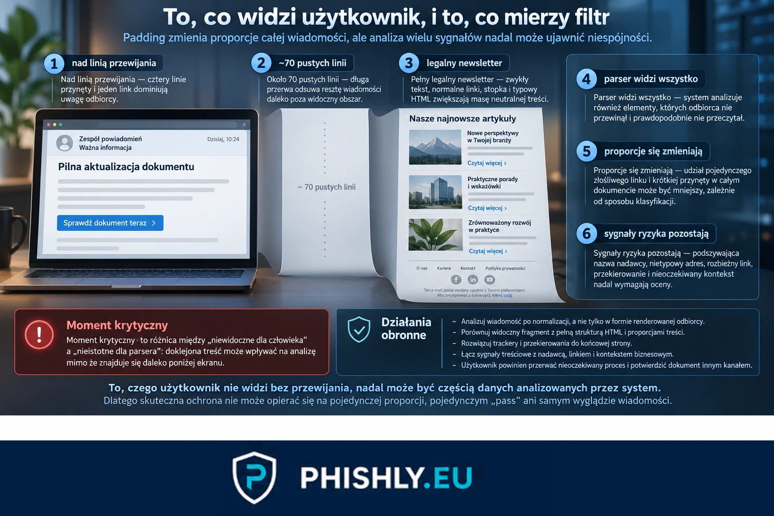 Schemat pokazujący, jak krótka przynęta i doklejony legalny newsletter tworzą różne obrazy tej samej wiadomości dla użytkownika i systemu ochrony poczty