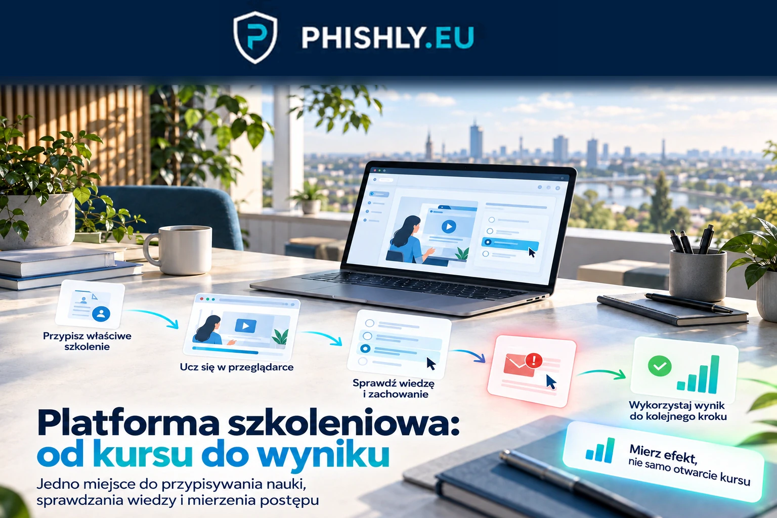 Pracownik przechodzi przez kurs, ćwiczenie i wynik na platformie szkoleniowej, z zaznaczonym momentem decyzji w symulacji bezpieczeństwa