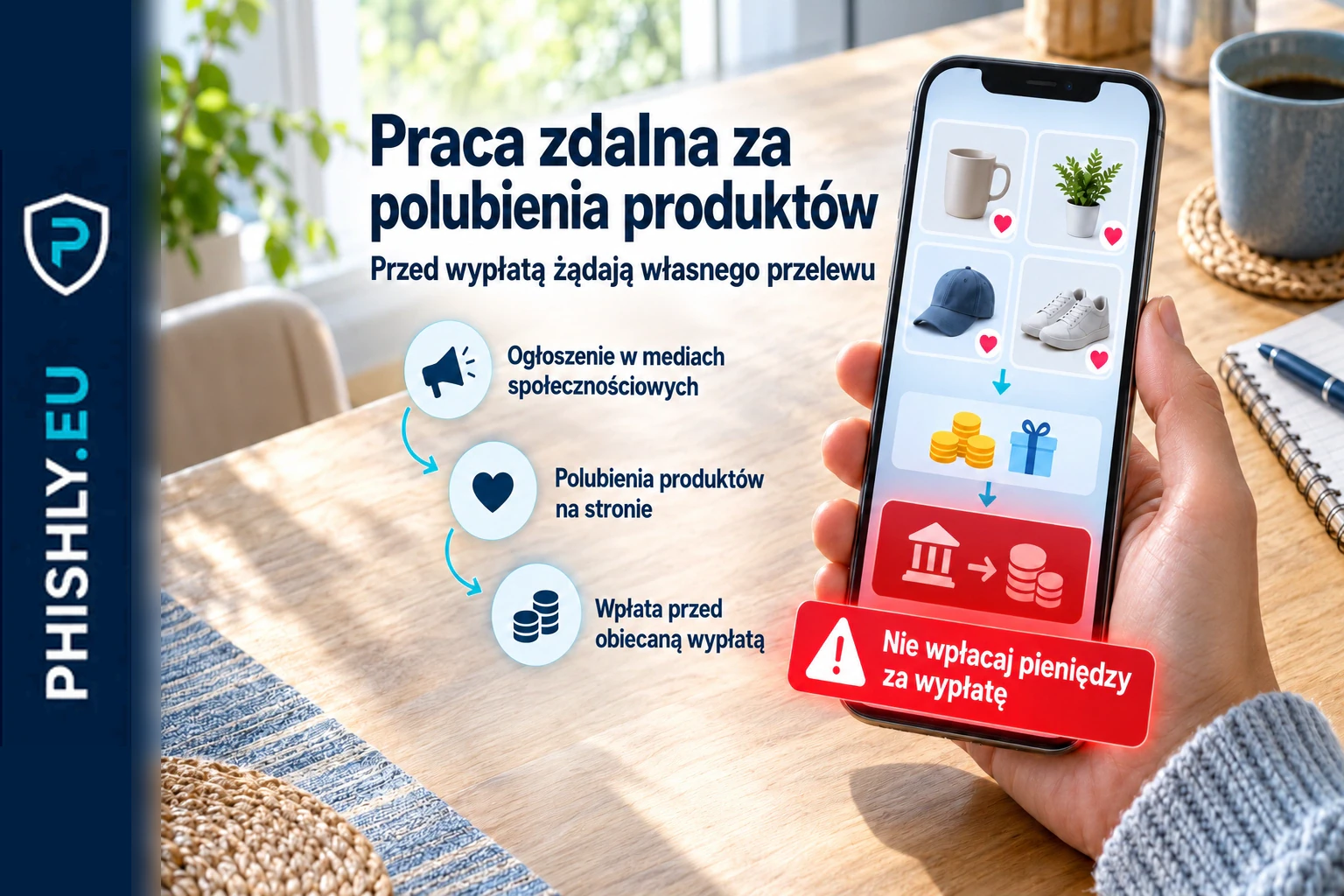 Ogłoszenie pracy zdalnej na ekranie telefonu prowadzi do zadań z polubieniami produktów, a zamiast wypłaty pojawia się żądanie przelewu
