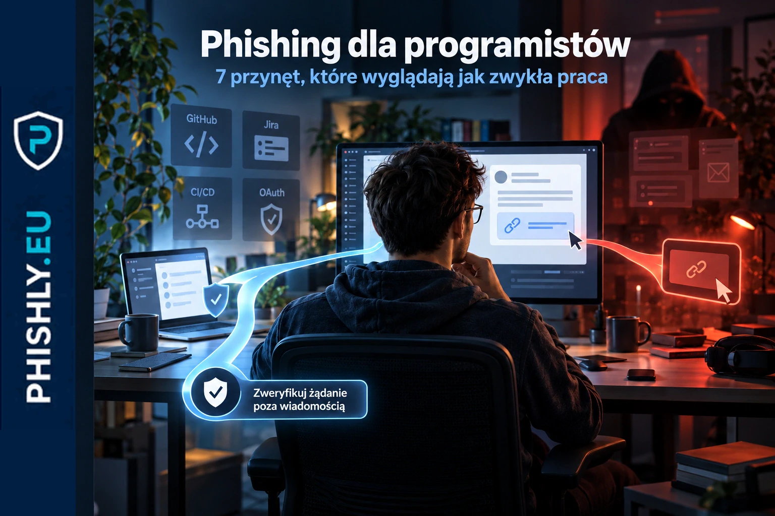 Programista analizuje alerty GitHub, Jira, OAuth i CI/CD przed wykonaniem działania
