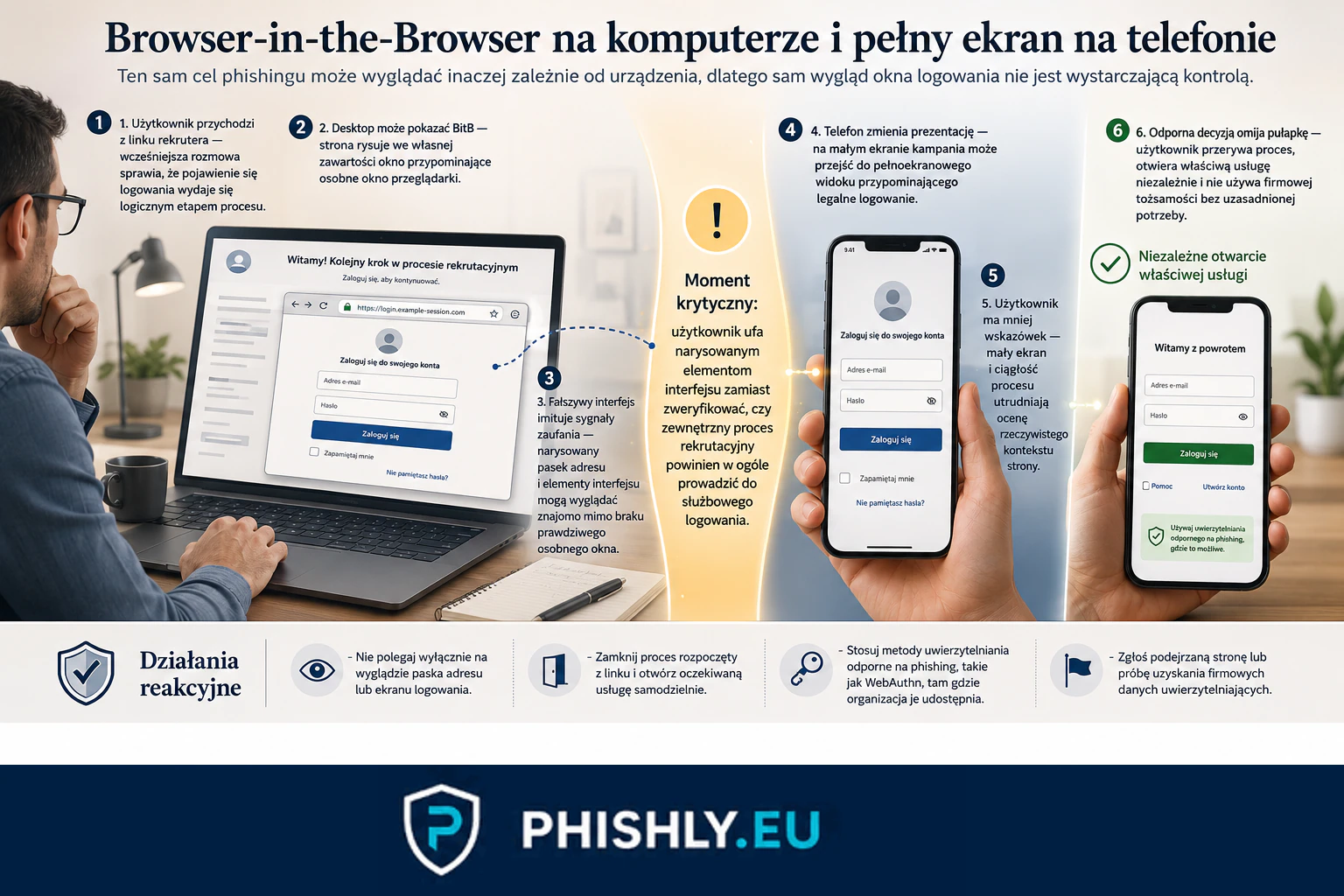 Porównanie RecruitTrap na komputerze i telefonie: fałszywe okno Browser-in-the-Browser oraz pełnoekranowy fałszywy ekran logowania