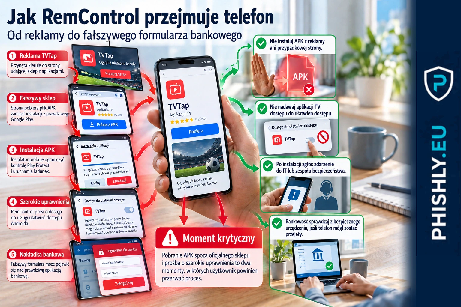 Schemat kampanii RemControl: reklama TVTap, fałszywy Google Play, instalacja APK, uprawnienia ułatwień dostępu i nakładka bankowa