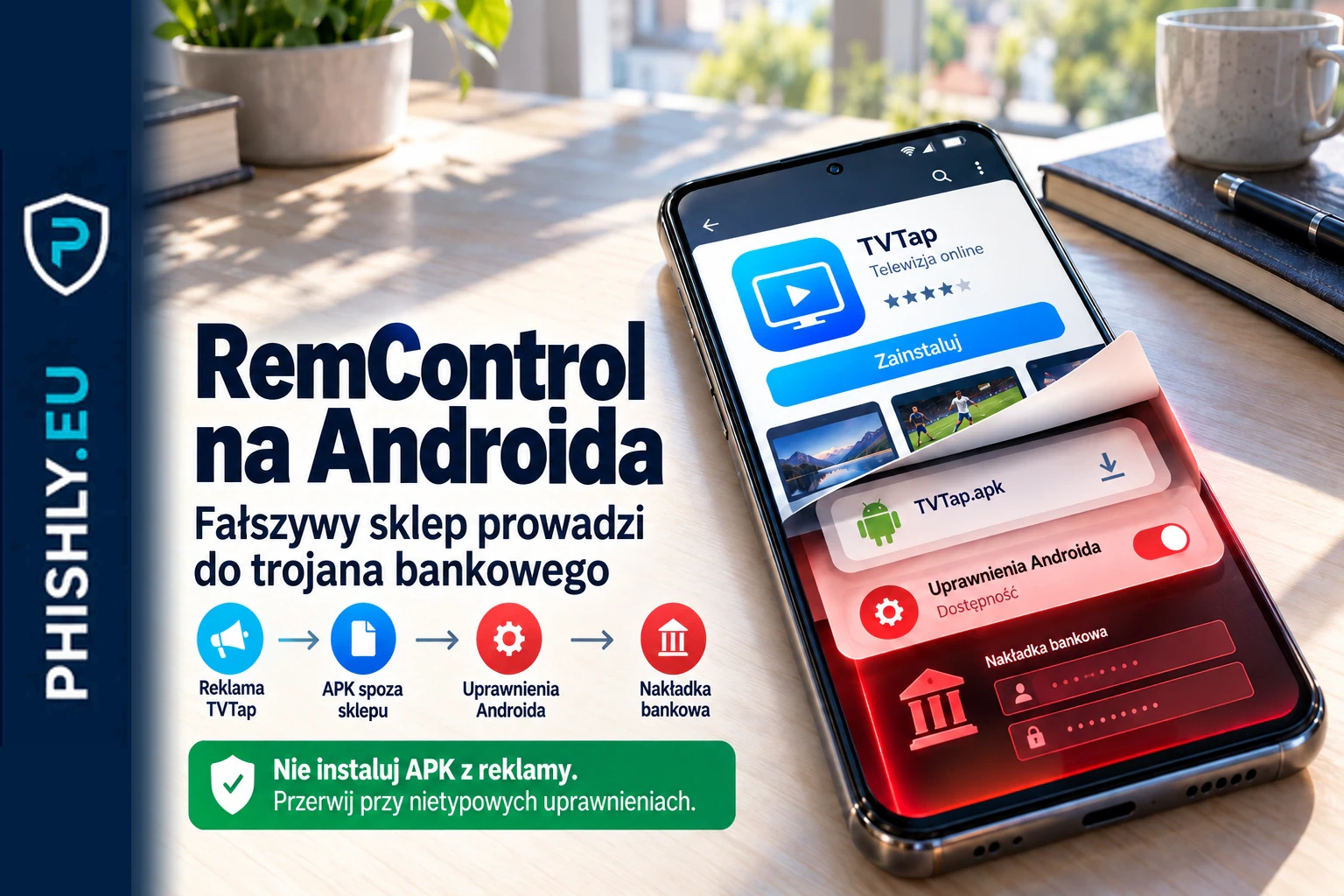 Telefon z fałszywą stroną sklepu z aplikacjami prowadzącą do instalacji RemControl i ostrzeżeniem przed przejęciem bankowości