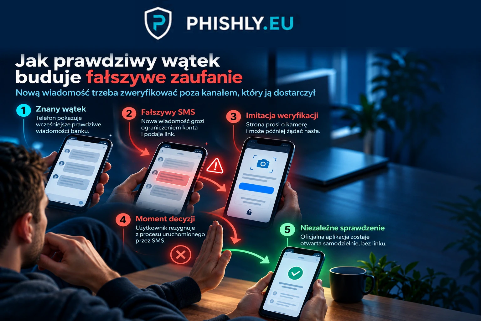 Schemat pokazujący fałszywy SMS w prawdziwym wątku, stronę imitującą weryfikację oraz bezpieczne przejście do oficjalnej aplikacji
