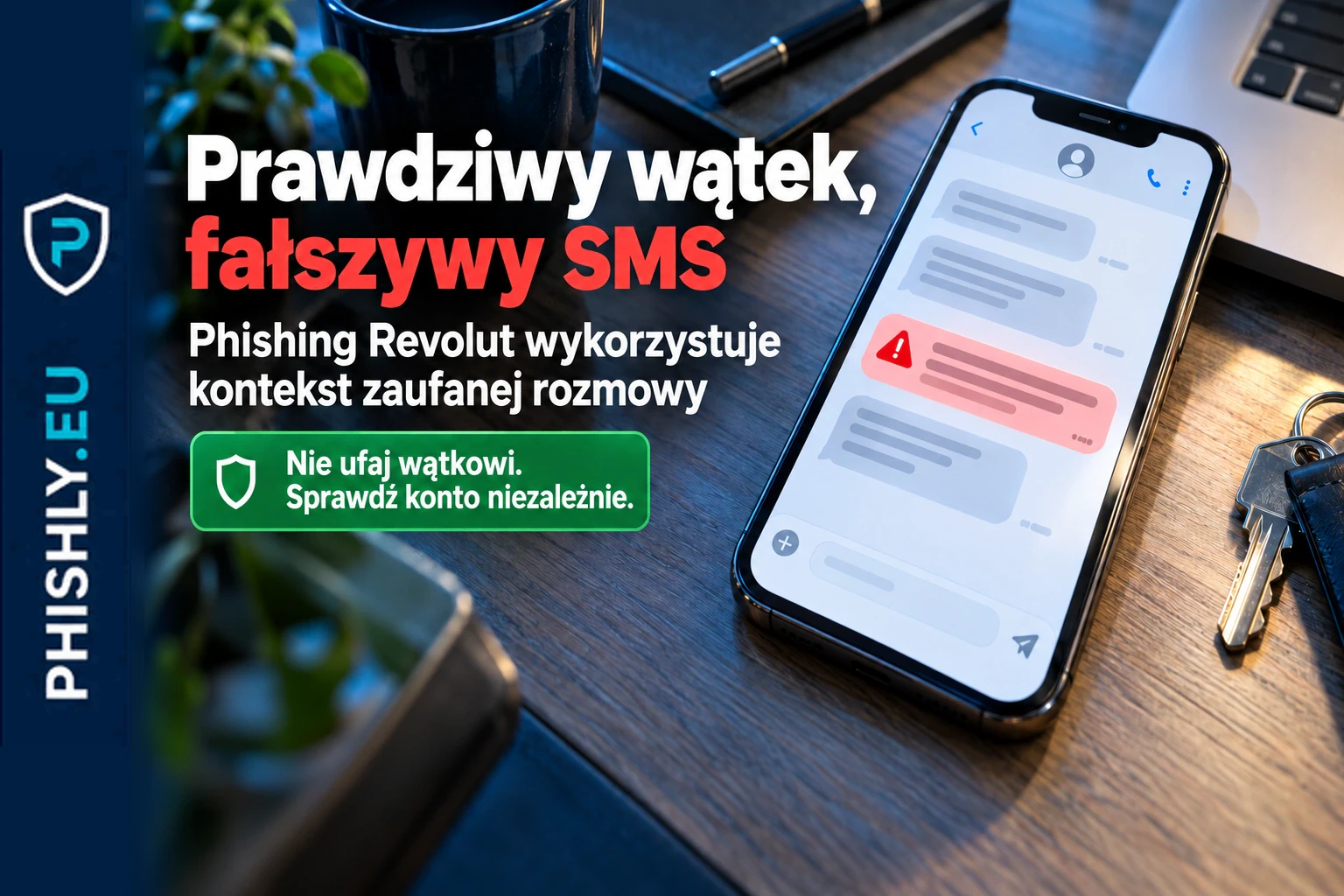 Fałszywy SMS o weryfikacji konta Revolut pojawia się w prawdziwym wątku wiadomości i prowadzi do strony wyłudzającej dane
