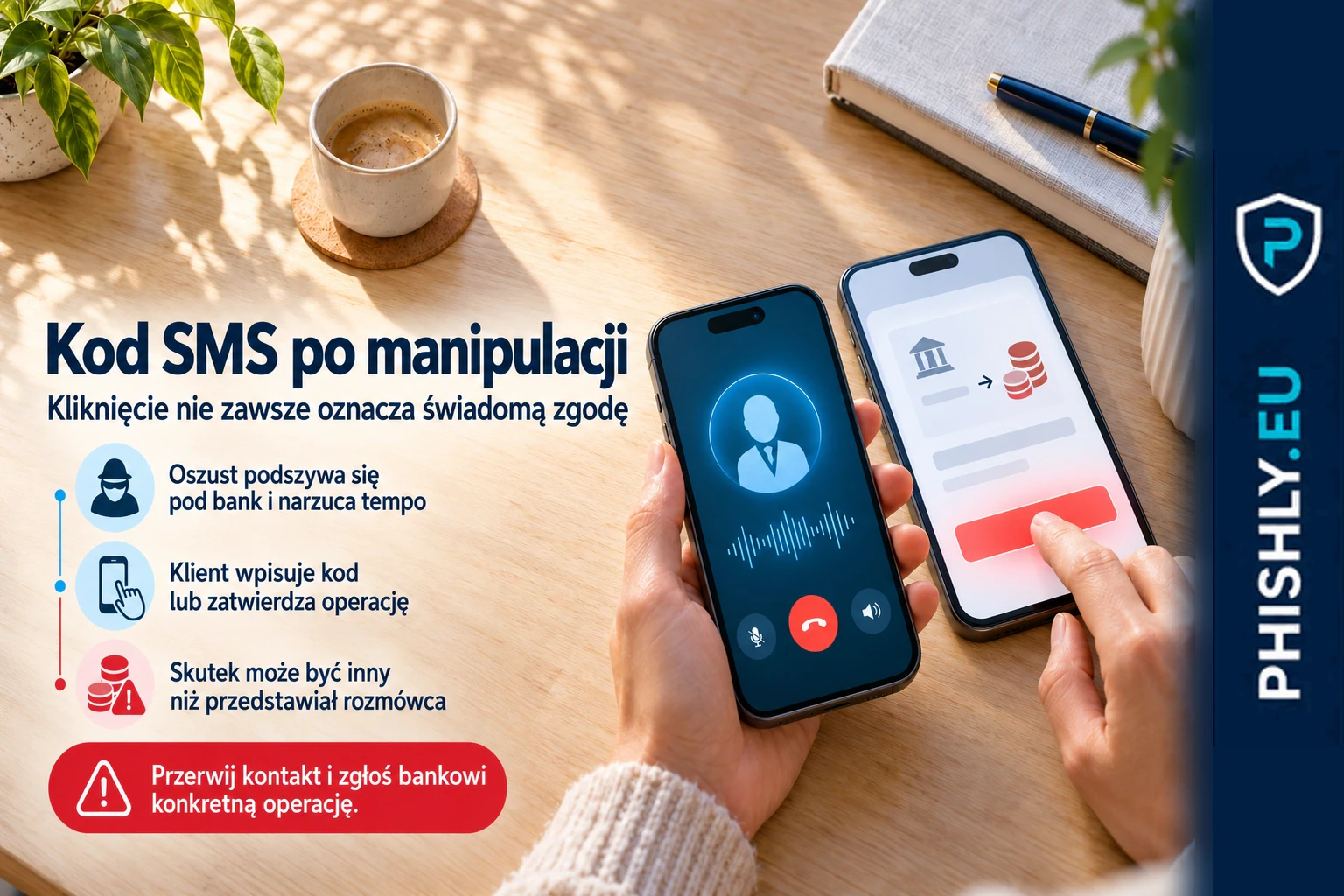 Telefon podczas rozmowy z osobą podszywającą się pod bank oraz ekran zatwierdzenia operacji, której rzeczywisty skutek jest inny niż przedstawia rozmówca