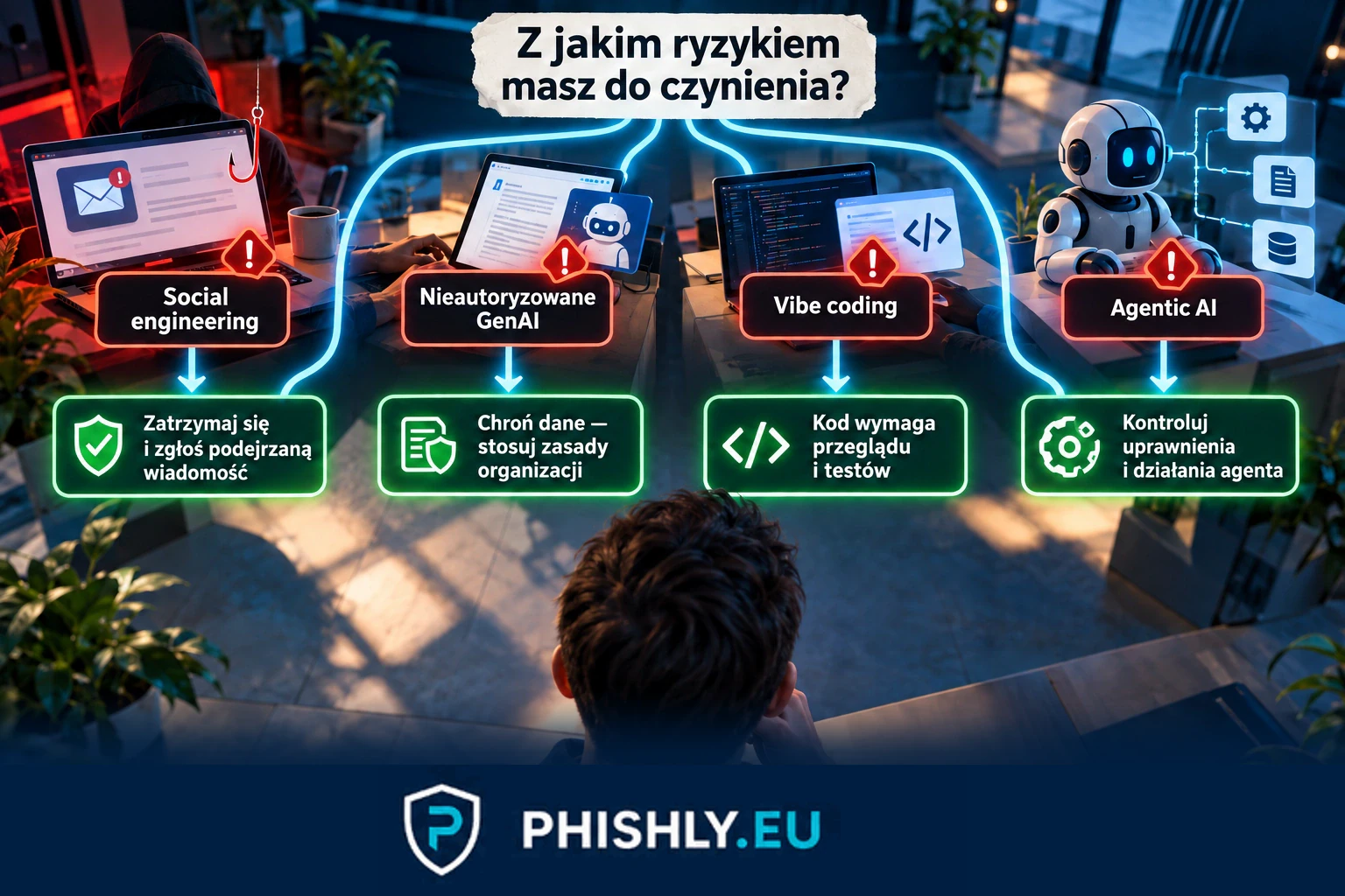 Plansza pokazująca cztery obszary programu awareness: AI-assisted social engineering, nieautoryzowane GenAI, vibe coding i agentic AI
