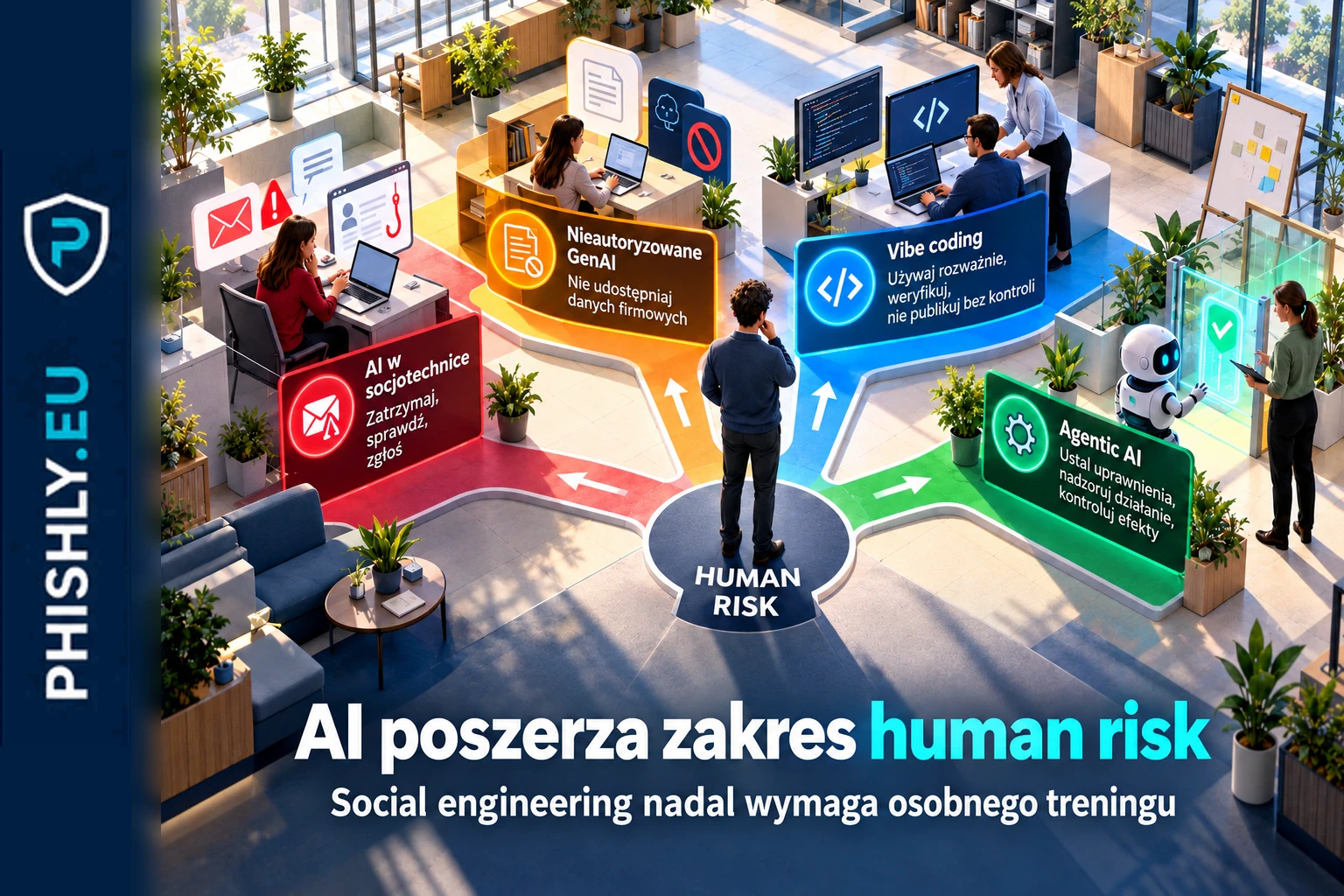 Zespół bezpieczeństwa analizujący AI-assisted social engineering, nieautoryzowane GenAI, vibe coding i agentic AI w programie security awareness