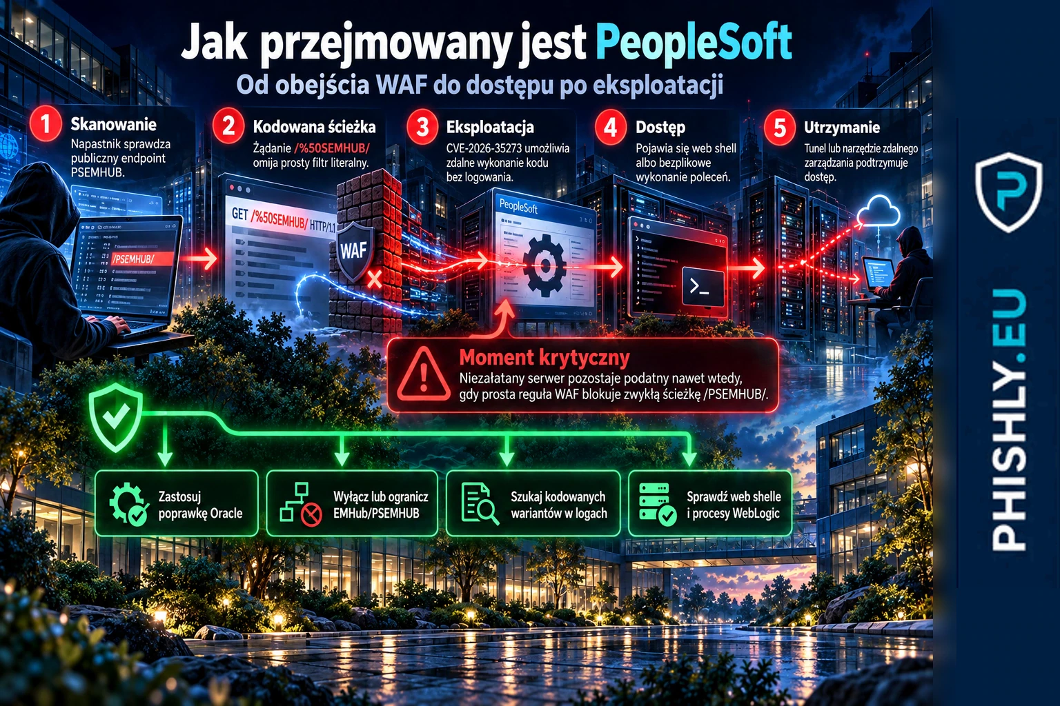 Schemat ataku ShinyHunters na PeopleSoft od zakodowanej ścieżki PSEMHUB przez zdalne wykonanie kodu do web shella, tunelu i dostępu do danych