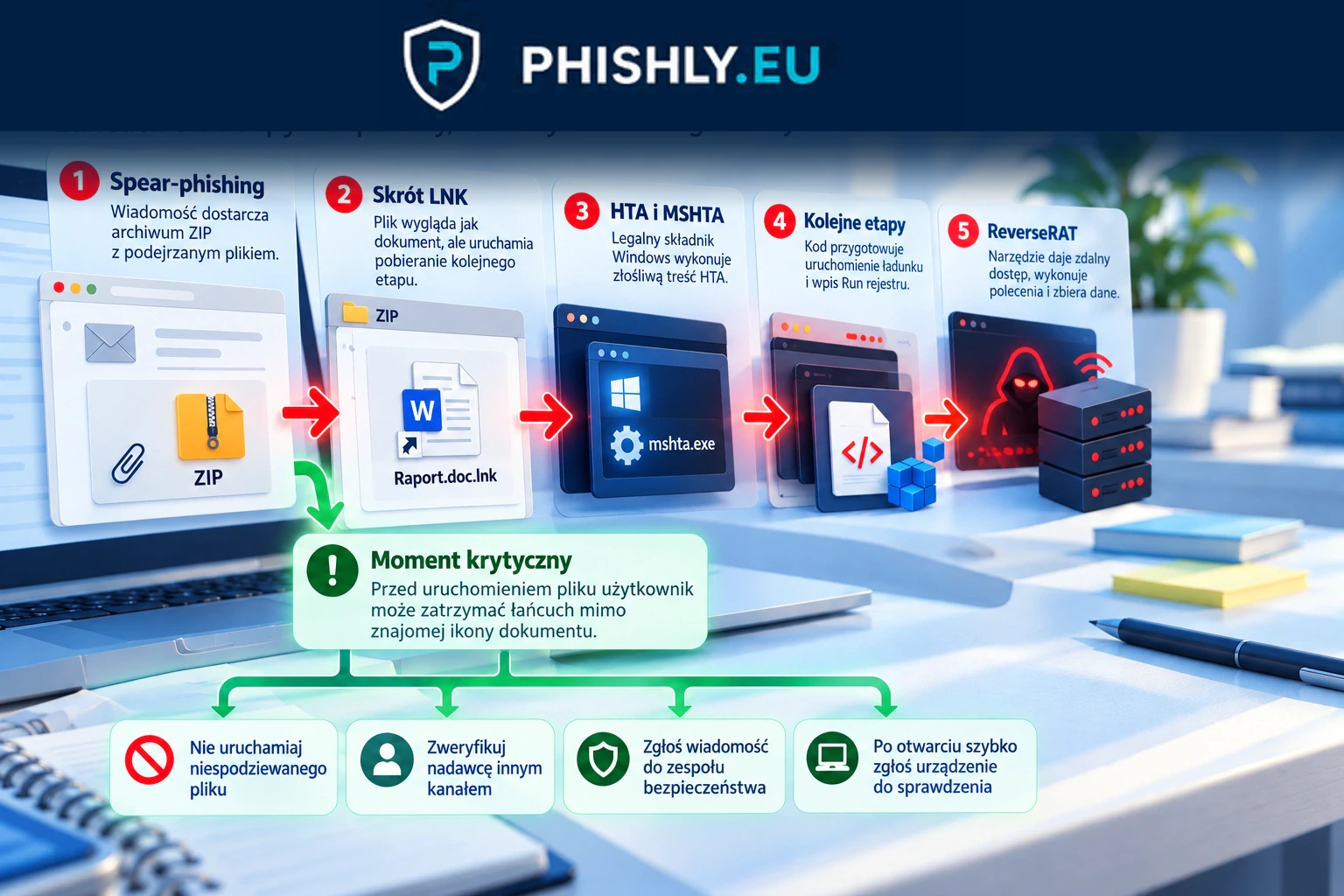 Schemat kampanii SideCopy pokazujący przejście od wiadomości i archiwum ZIP przez skrót LNK oraz mshta.exe do ReverseRAT i punktów zatrzymania ataku