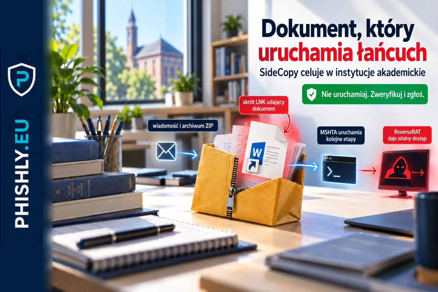 Wiadomość spear-phishing prowadzi przez archiwum ZIP i skrót LNK do uruchomienia mshta.exe oraz ReverseRAT na komputerze uczelni
