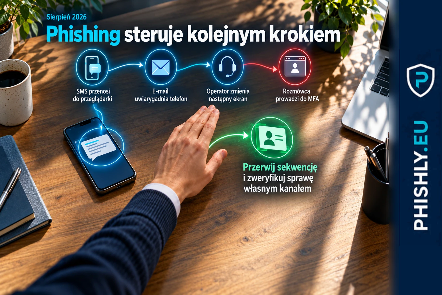 Pracownik zatrzymuje wielokanałową sekwencję z SMS-em, e-mailem, telefonem i logowaniem, zanim wykona kolejny krok wskazany przez nadawcę