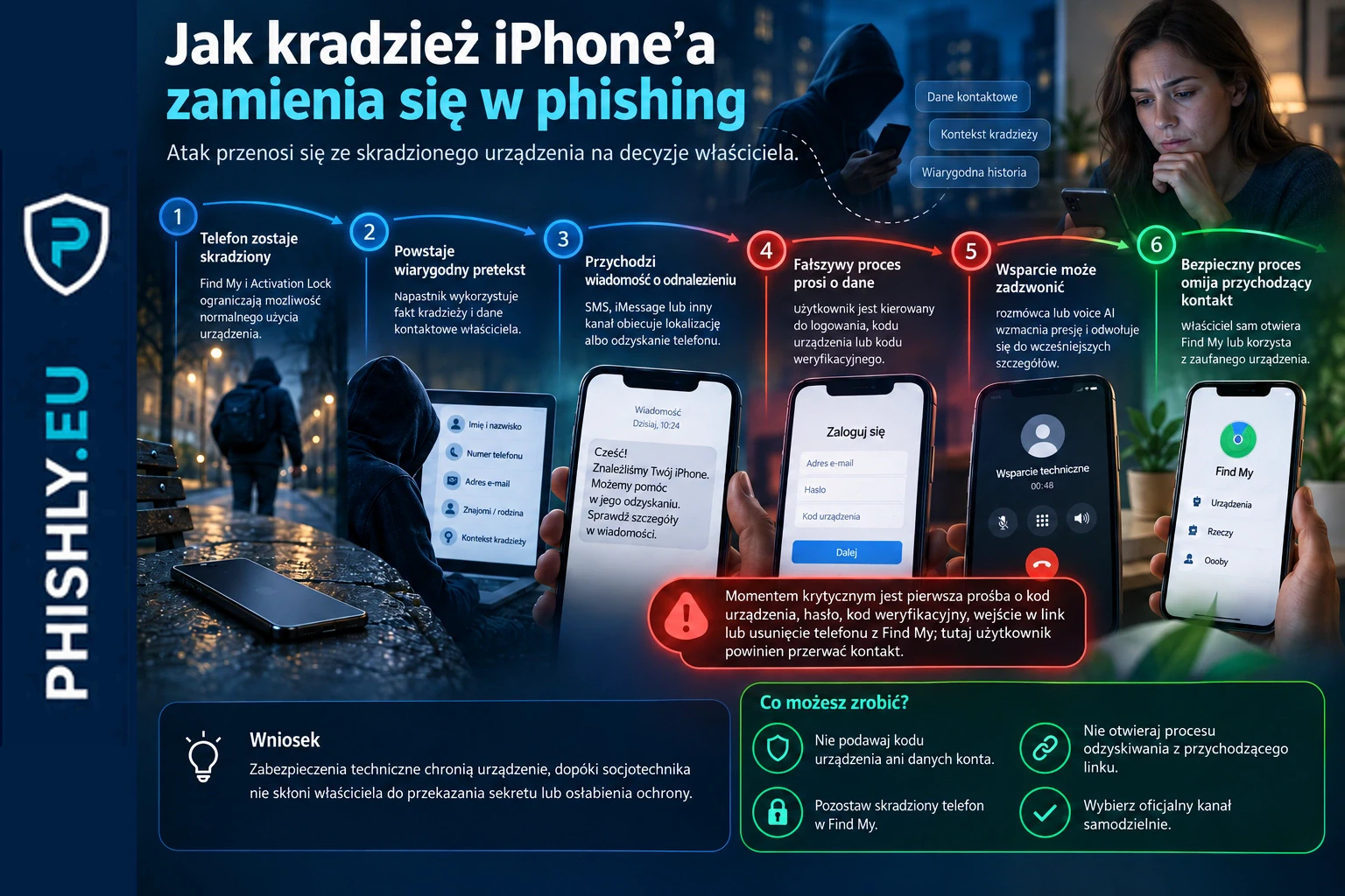 Łańcuch phishingu po kradzieży iPhone'a: od wiadomości o odnalezieniu do próby wyłudzenia kodu i bezpiecznego przerwania kontaktu