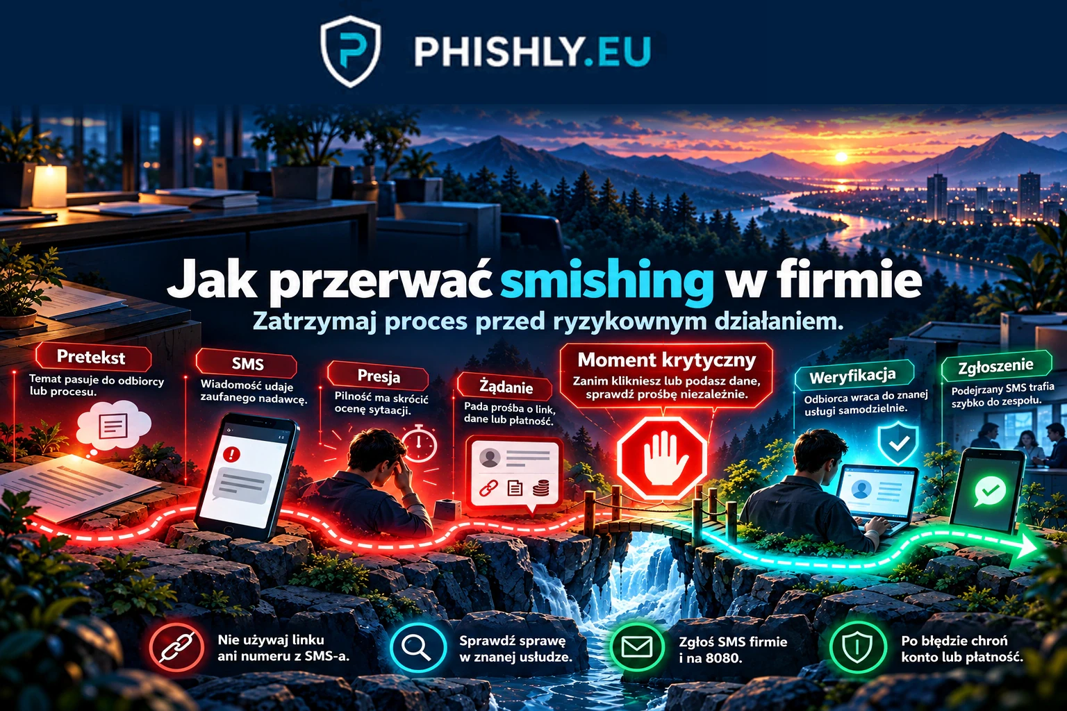 Schemat smishingu od wyboru wiarygodnego pretekstu przez SMS i presję do momentu zatrzymania, niezależnej weryfikacji i zgłoszenia