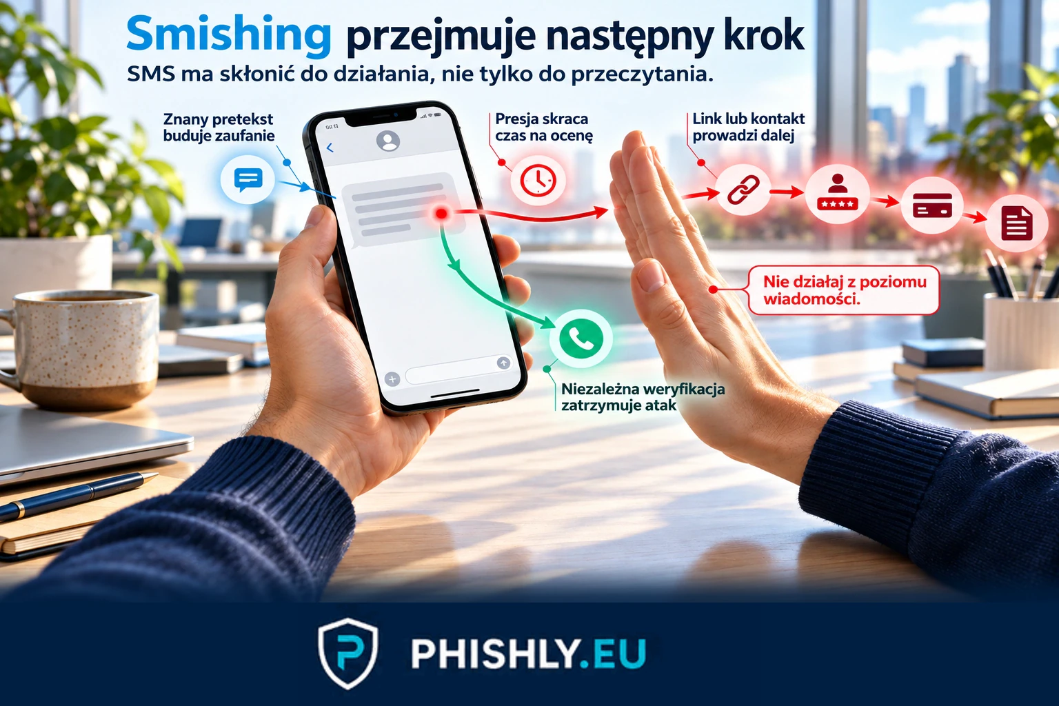 Pracownik zatrzymuje podejrzany SMS przed przejściem do fałszywego logowania, płatności lub przekazania danych firmowych