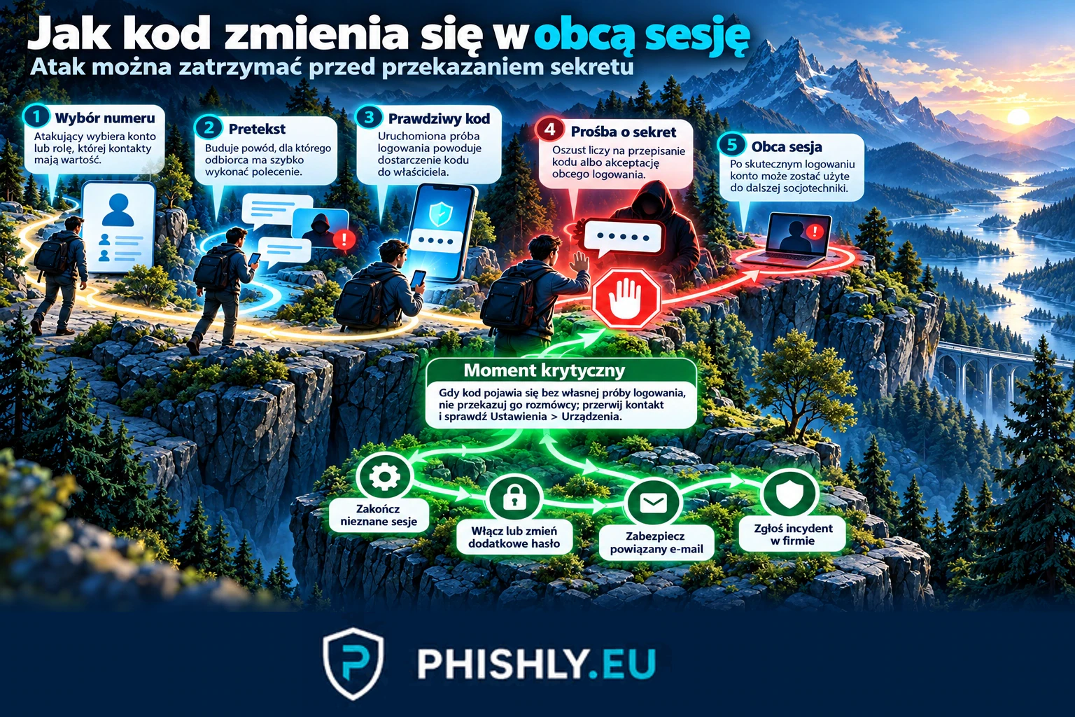 Schemat wyłudzenia kodu Telegram od wyboru numeru i pretekstu przez próbę logowania po moment zatrzymania przed przekazaniem kodu i działania po błędzie