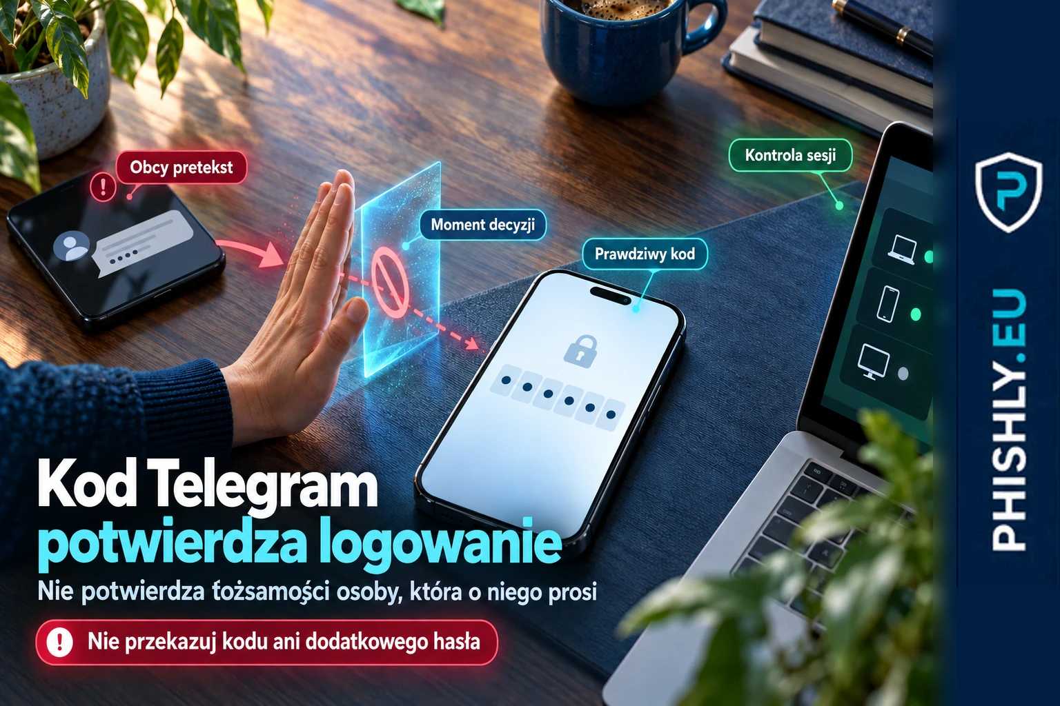 Telefon z kodem logowania Telegram i zatrzymanym przekazaniem kodu, obok bezpiecznej ścieżki sprawdzenia aktywnych sesji