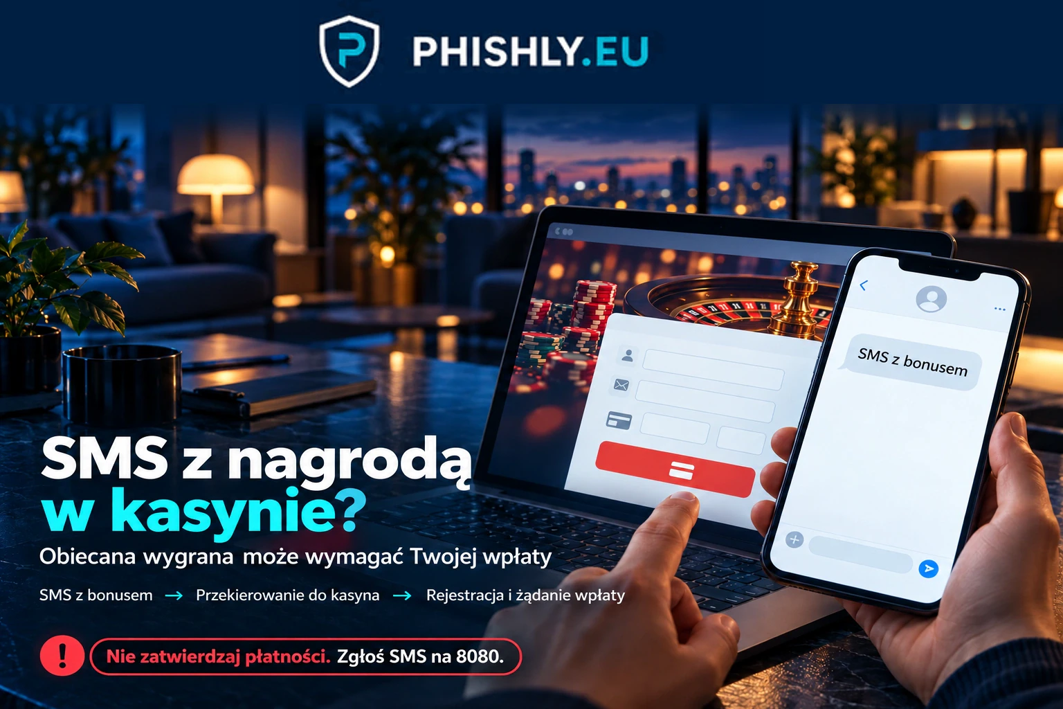 Telefon z SMS-em o bonusie kasyna obok ekranu rejestracji i wpłaty, z wyraźnym ostrzeżeniem przed zatwierdzeniem płatności