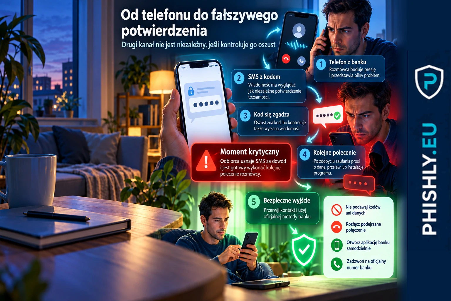 Schemat oszustwa: telefon od rzekomego banku, SMS z kodem, pozorne potwierdzenie rozmówcy, kolejne polecenia i niezależna weryfikacja