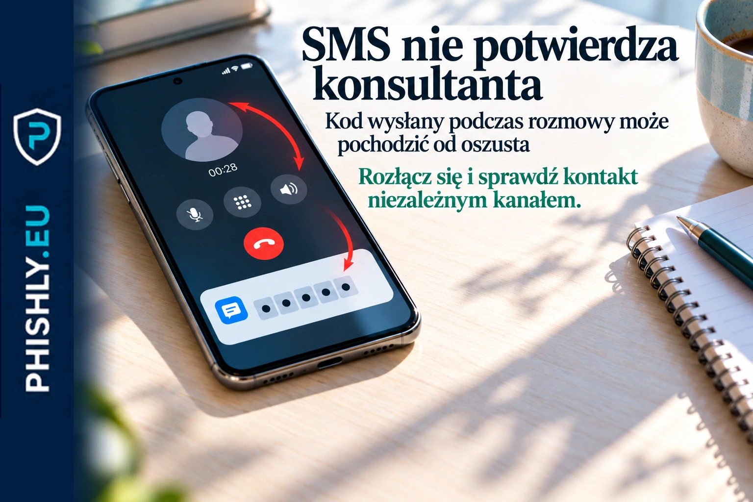 Telefon z wiadomością zawierającą kod rzekomej weryfikacji konsultanta banku podczas podejrzanej rozmowy