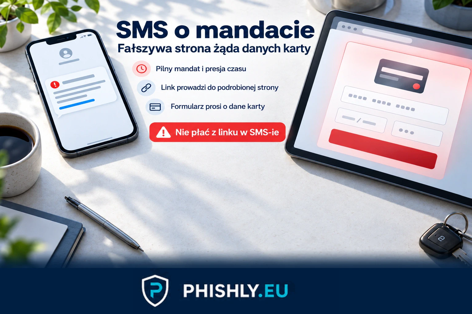 Telefon z SMS-em o rzekomym mandacie i fałszywy formularz płatności żądający danych karty po kliknięciu w link