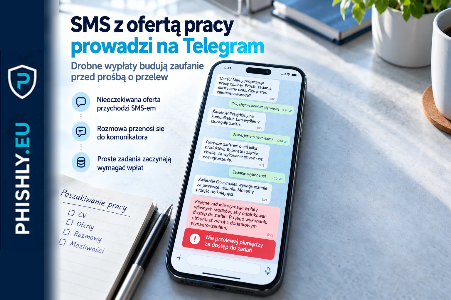 Podejrzany SMS z ofertą pracy prowadzi do rozmowy na Telegramie, gdzie proste płatne zadania zmieniają się w żądanie coraz większego przelewu
