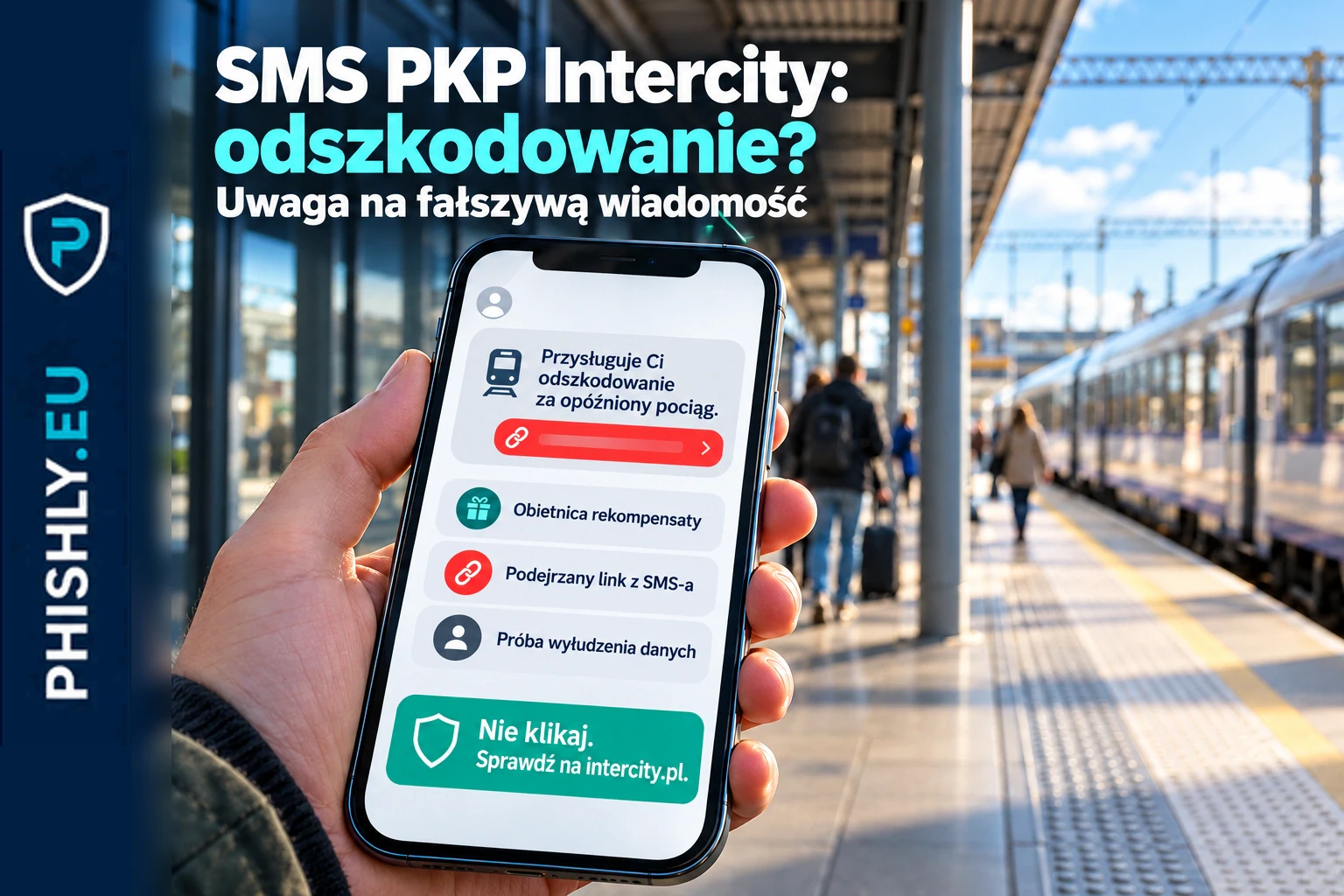 Telefon z SMS-em obiecującym odszkodowanie za opóźniony pociąg; podejrzany link odsyła poza serwis PKP Intercity