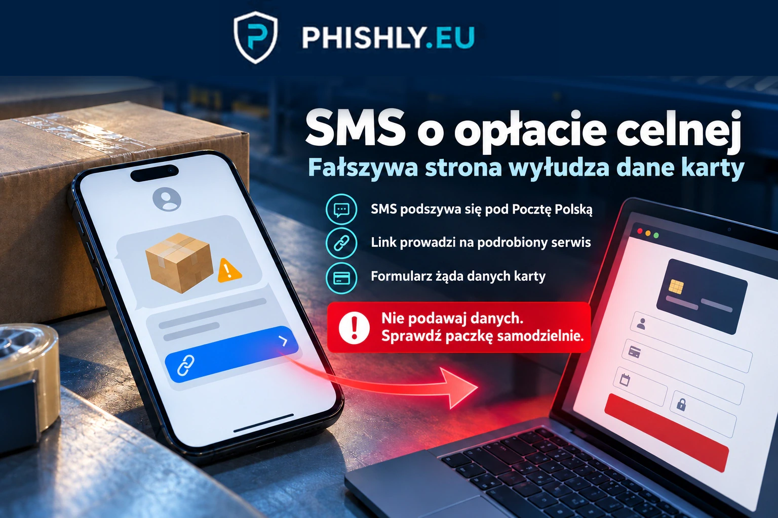 Telefon z fałszywym SMS-em o cle za paczkę i podrobiona strona Poczty Polskiej prosząca o dane karty