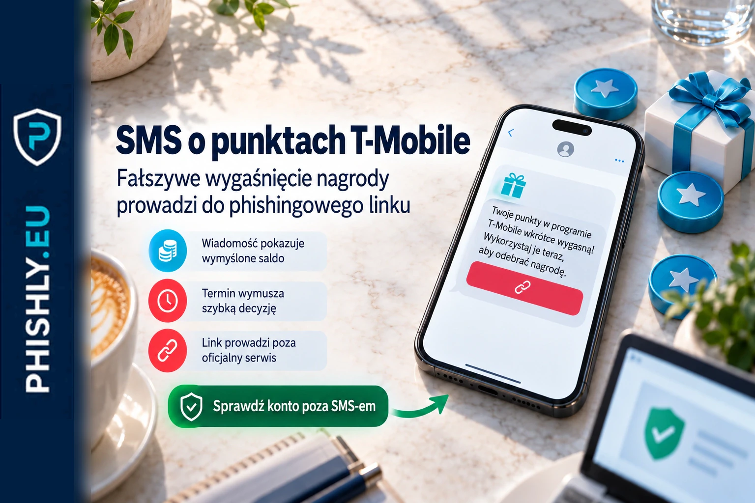 Fałszywy SMS podszywający się pod T-Mobile ostrzega o wygasających punktach Rewards i kieruje odbiorcę do linku zamiast oficjalnej aplikacji