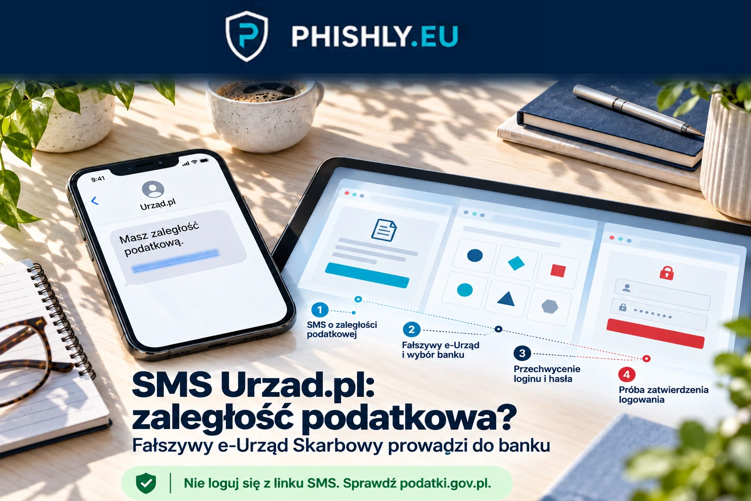 Telefon pokazuje SMS o zaległości podatkowej, a obok ekran fałszywego e-Urzędu Skarbowego z wyborem banku