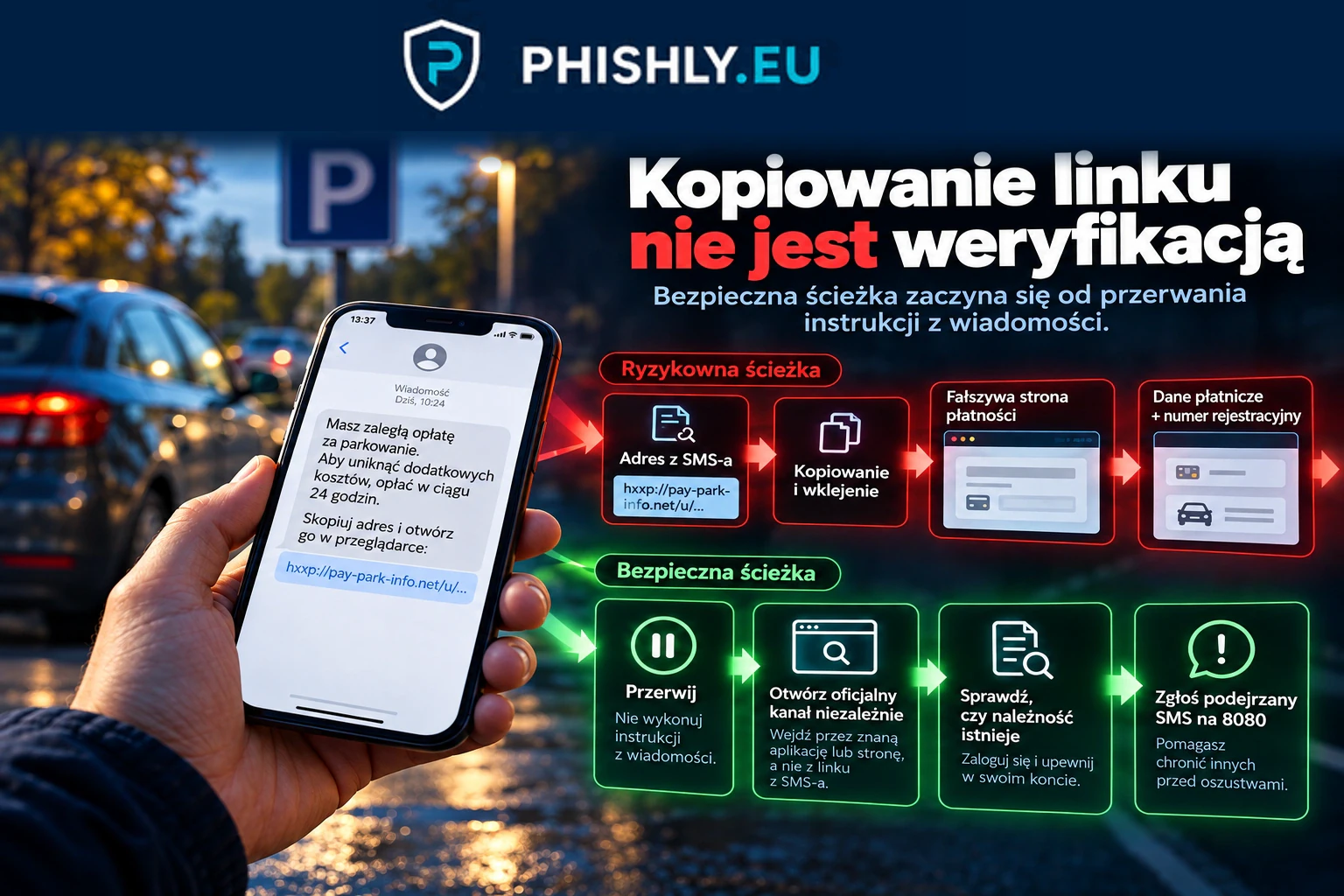 Schemat smishingu parkingowego: fałszywy SMS, ręczne skopiowanie adresu, próba obejścia zabezpieczeń, fałszywa płatność i kradzież danych