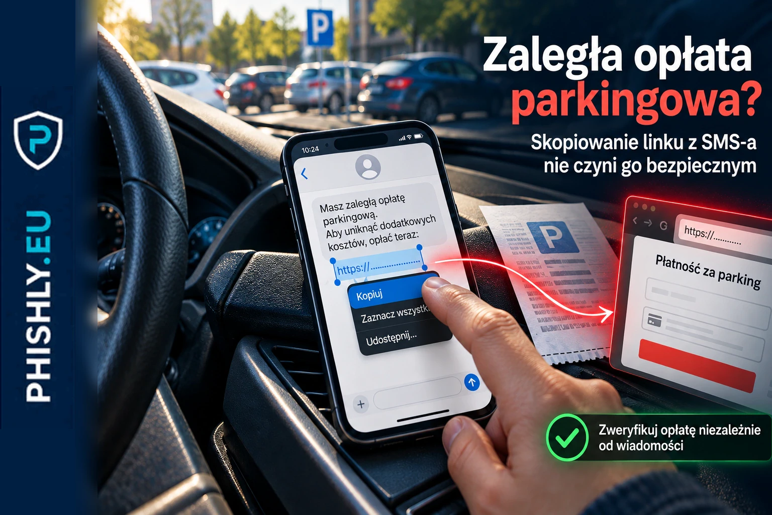Fałszywy SMS o zaległej opłacie parkingowej, ręczne kopiowanie adresu i podstawiona strona płatności
