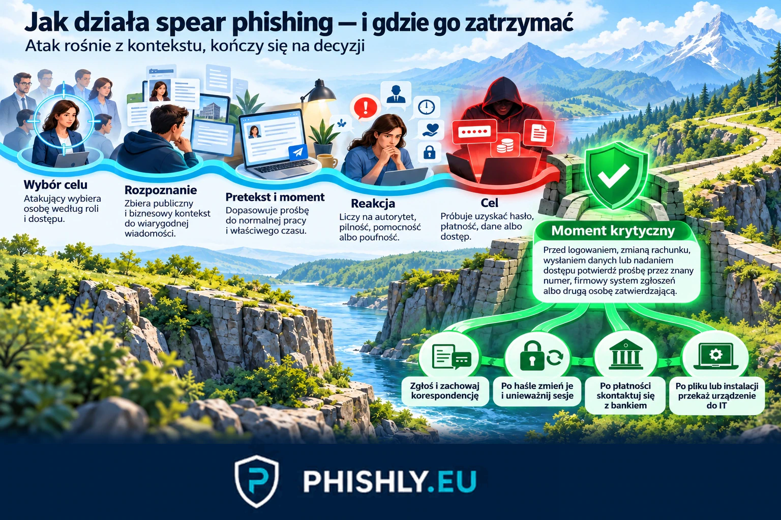 Schemat spear phishing od wyboru celu i zebrania kontekstu po spersonalizowaną prośbę, z momentem niezależnej weryfikacji i działaniami po błędzie