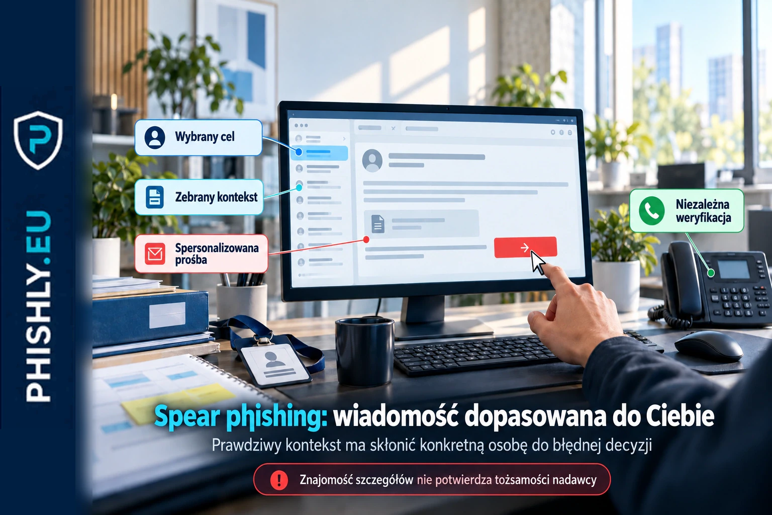 Spersonalizowana wiadomość do pracownika analizowana przed wykonaniem dyspozycji, z zaznaczonym momentem niezależnej weryfikacji