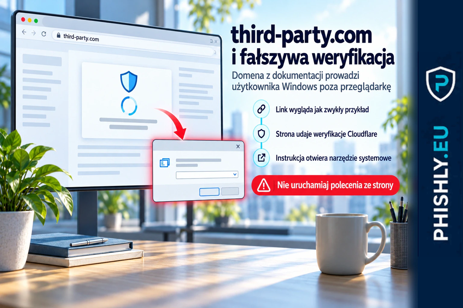 Fałszywa weryfikacja Cloudflare na stronie third-party.com prowadzi użytkownika Windows do okna Uruchom zamiast potwierdzać dostęp w przeglądarce
