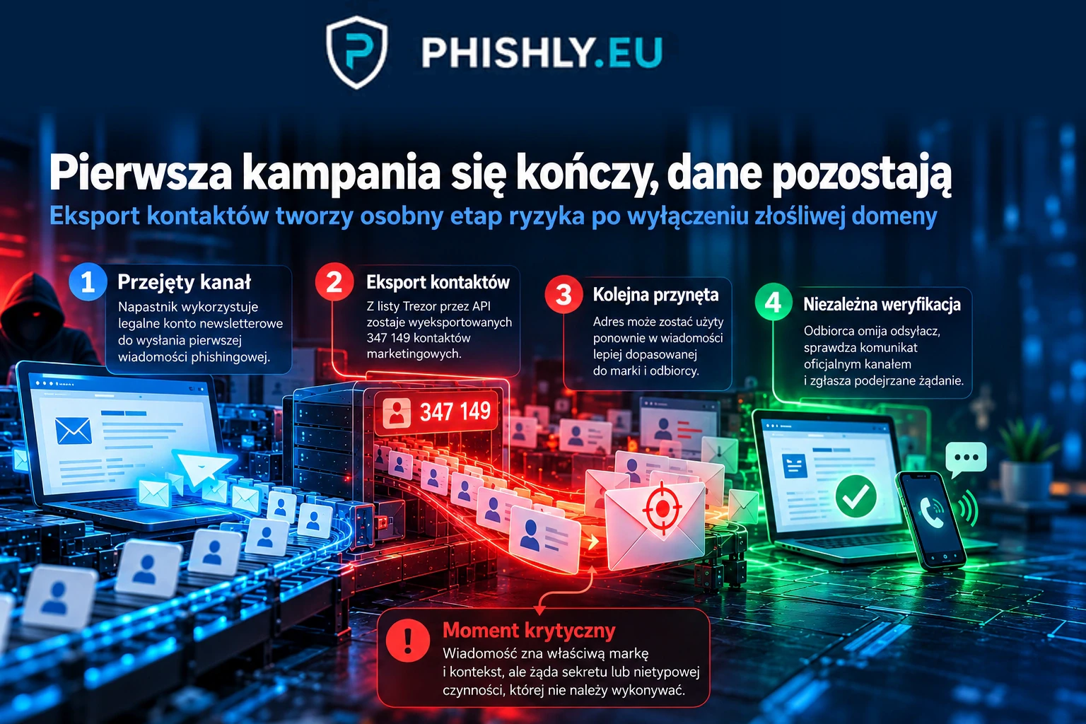 Schemat pokazujący przejęty kanał newslettera, eksport listy adresów, możliwość kolejnego phishingu i bezpieczną weryfikację niezależnym kanałem