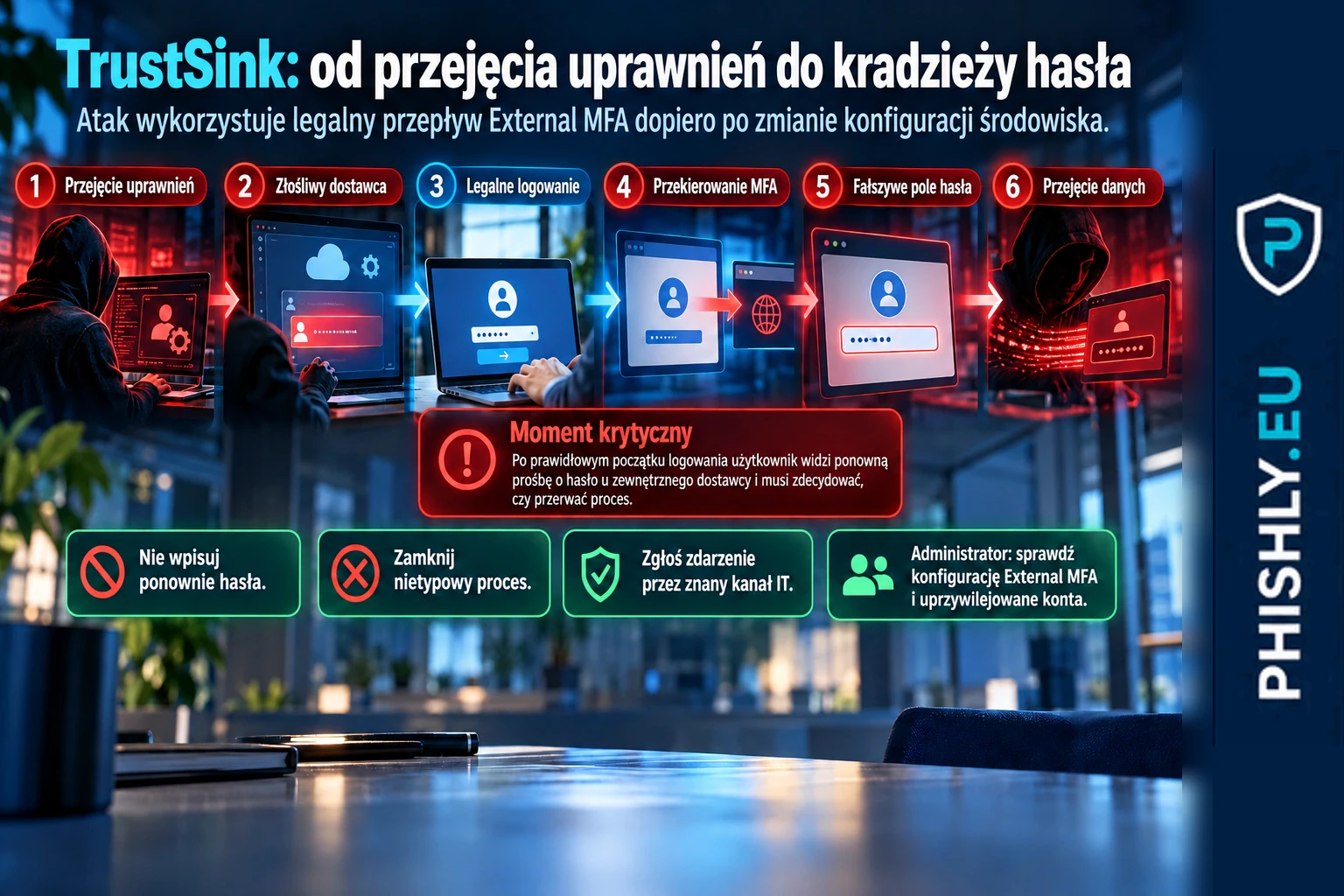 Schemat TrustSink: przejęcie uprawnień administracyjnych, dodanie złośliwego External MFA, legalne logowanie Entra, fałszywe pole hasła u dostawcy i kradzież danych logowania