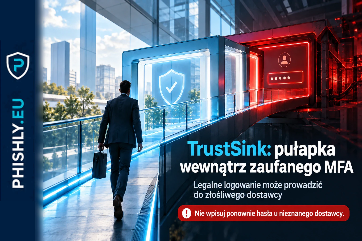Legalny ekran logowania Microsoft Entra przekierowujący użytkownika do złośliwego zewnętrznego dostawcy MFA, który wyświetla fałszywe pole hasła