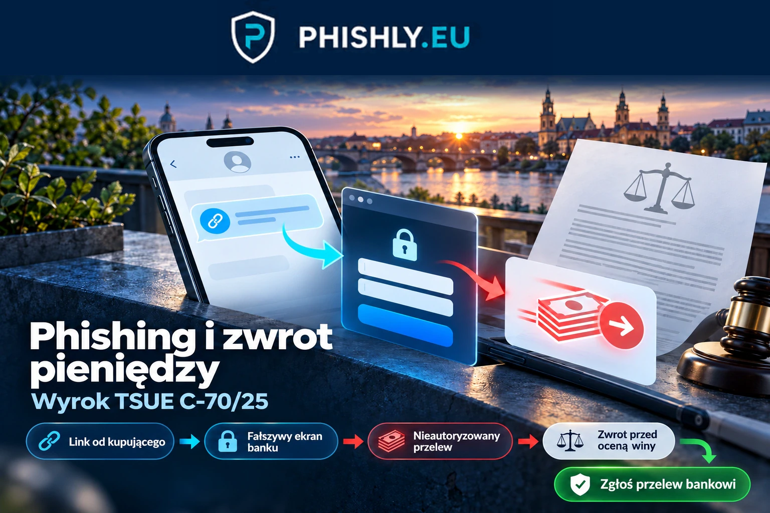 Sprzedająca widzi link od fałszywego kupującego prowadzący do podrobionego logowania bankowego; obok widoczny jest nieautoryzowany przelew i dokument orzeczenia TSUE