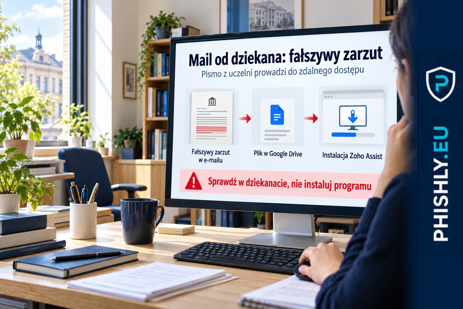 Pracownik uczelni zatrzymuje się przed instalacją programu zdalnej pomocy po otrzymaniu fałszywego zawiadomienia od dziekana