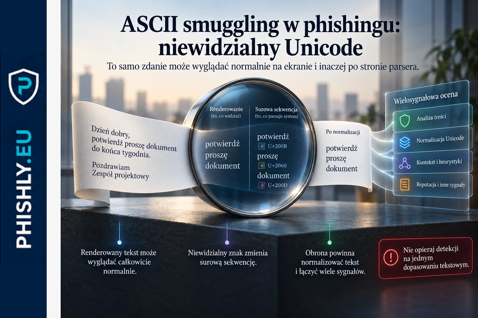 Wiadomość phishingowa zawiera niewidzialne znaki Unicode rozdzielające słowa widoczne dla odbiorcy i analizowane przez filtr poczty
