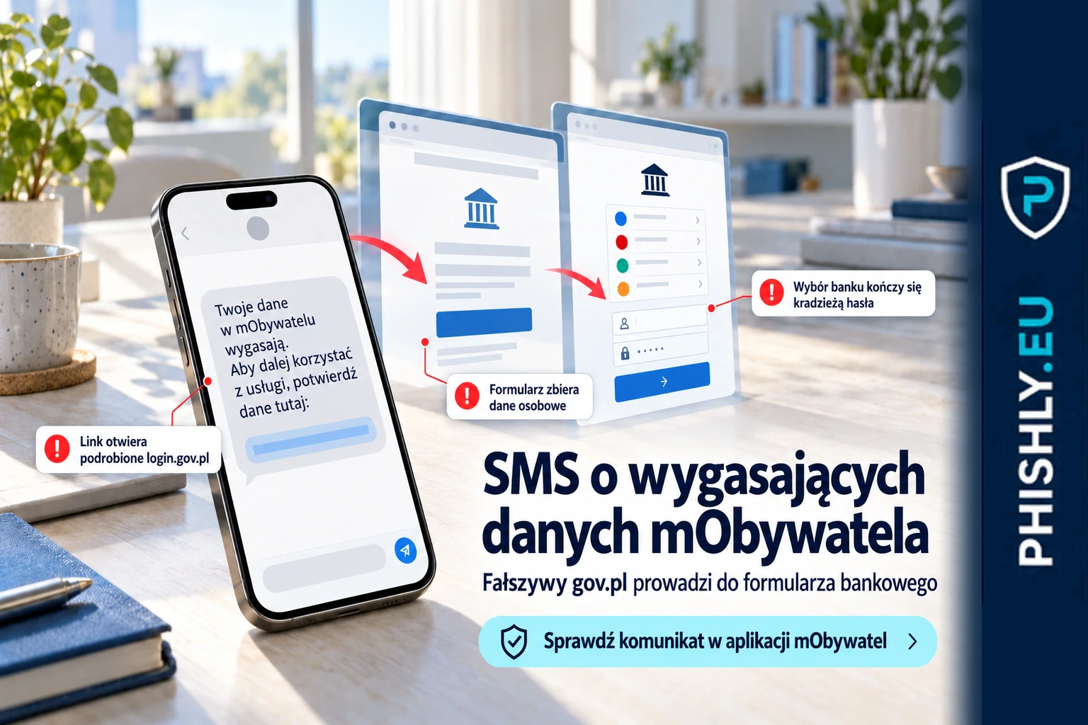 Telefon z fałszywym SMS-em o wygasających danych mObywatela obok podrobionej strony logowania prowadzącej do wyboru banku