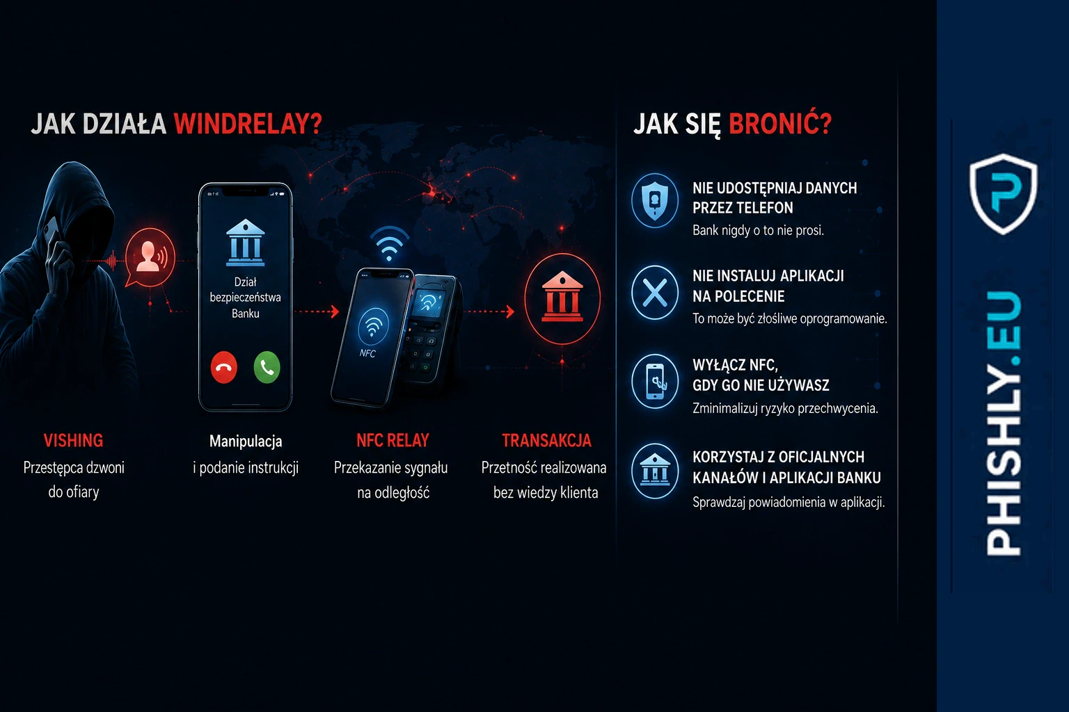 Schemat NFC relay w WindRelay: karta i telefon po stronie ofiary, transmisja na żywo oraz zdalne urządzenie atakującego przy terminalu
