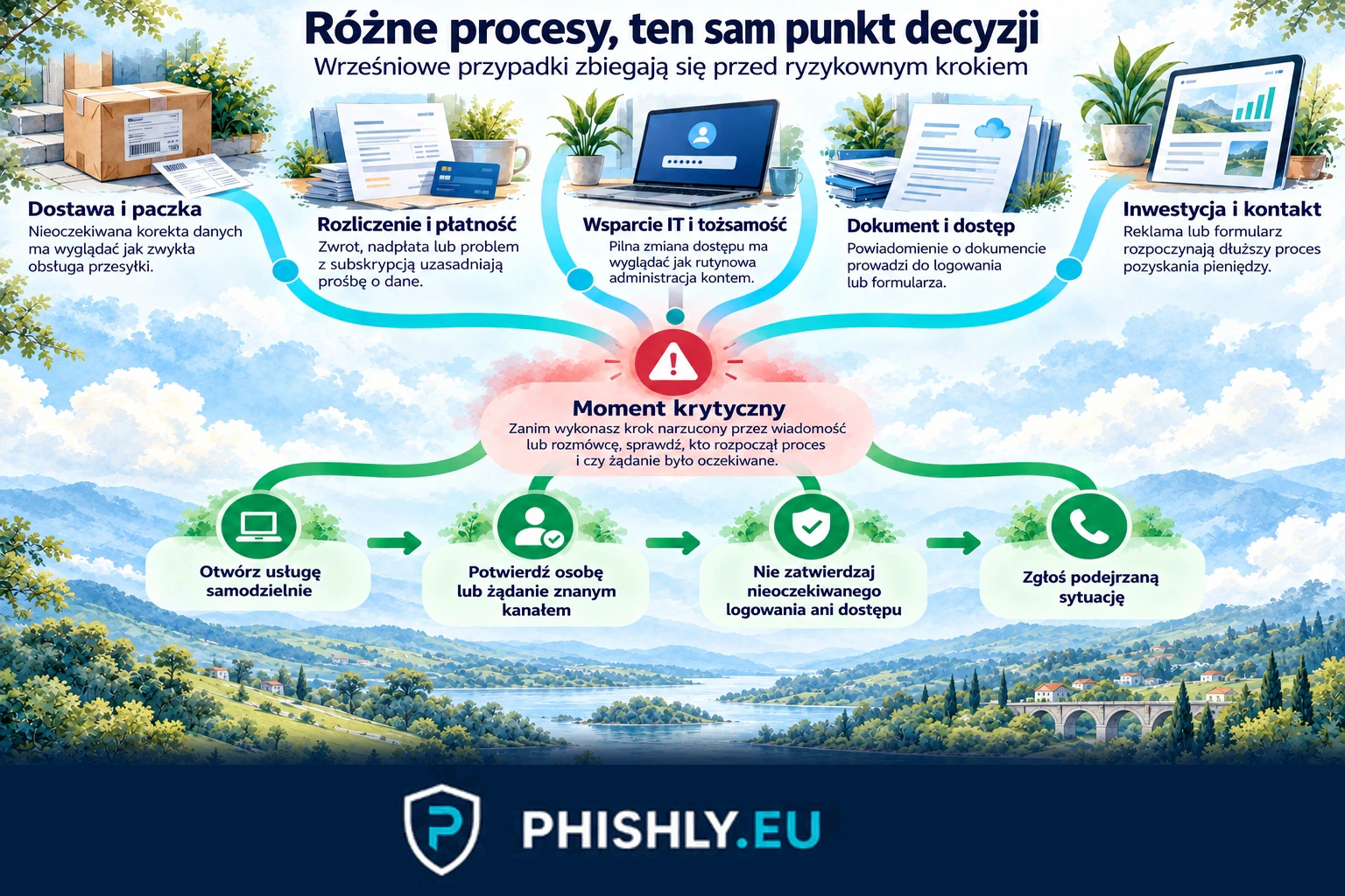 Pięć znanych procesów pracy prowadzi do pytania, kto rozpoczął żądanie, a następnie do bezpiecznej niezależnej weryfikacji